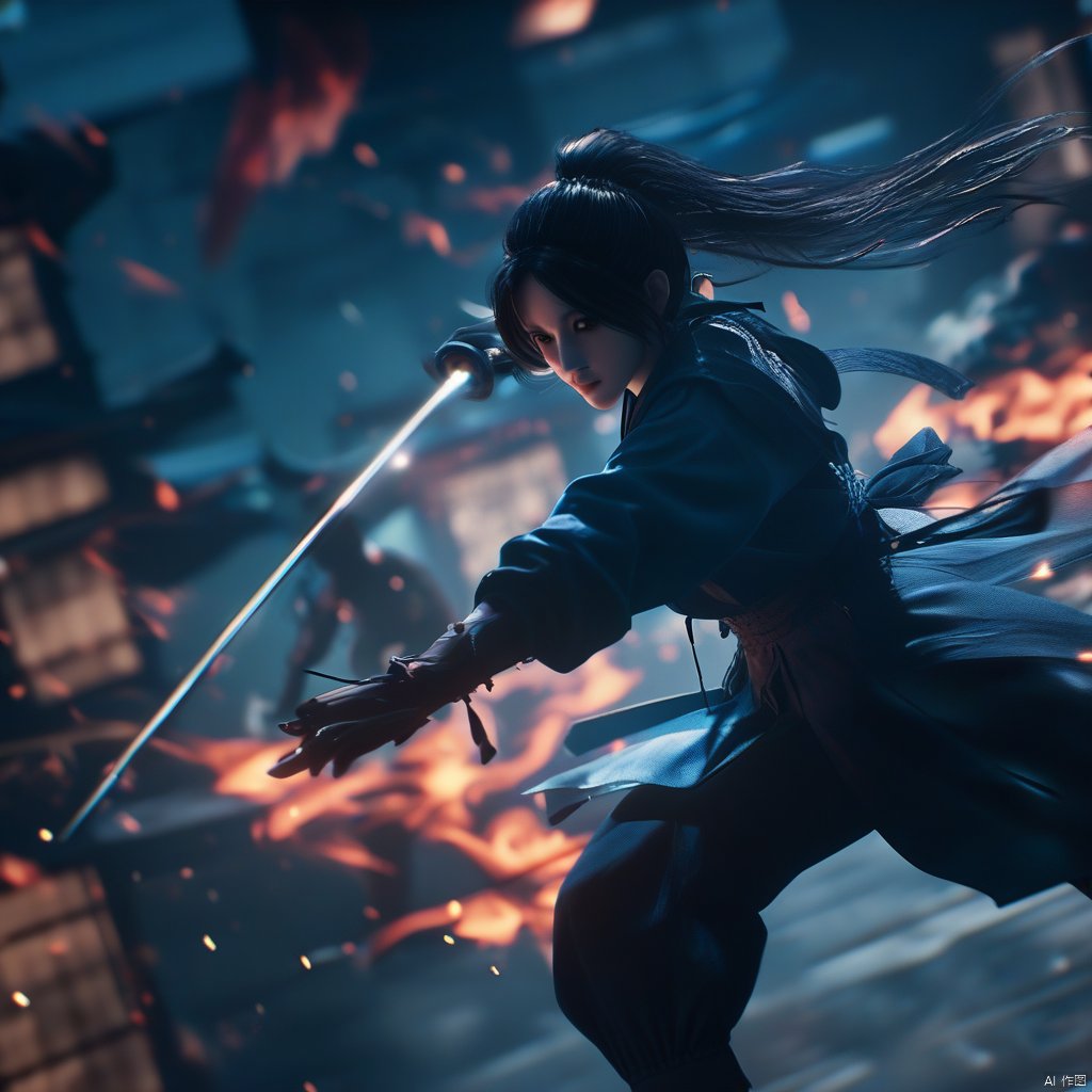 female, solo, realistic movie stills, ancient chinese martial arts style, holding sword, fighting stance, spark, dynamic, flame, war, aura, ponytail, holding, black hair, long hair, blurry, night