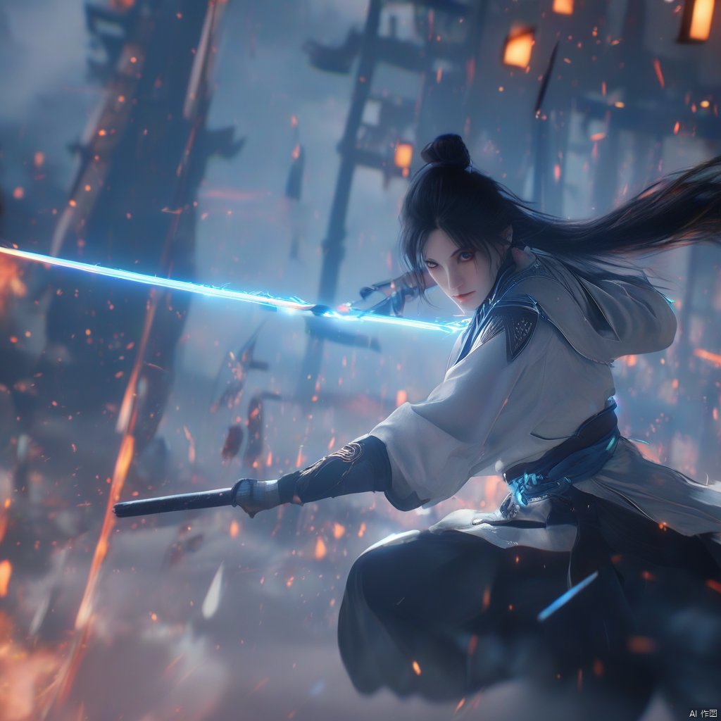 holding light-sword, 1girl, solo, particle effects, spark, holding ice-sword, weapon, sword, holding sword, black hair, hair bun, holding, holding weapon, blue eyes, single hair bun, looking at viewer