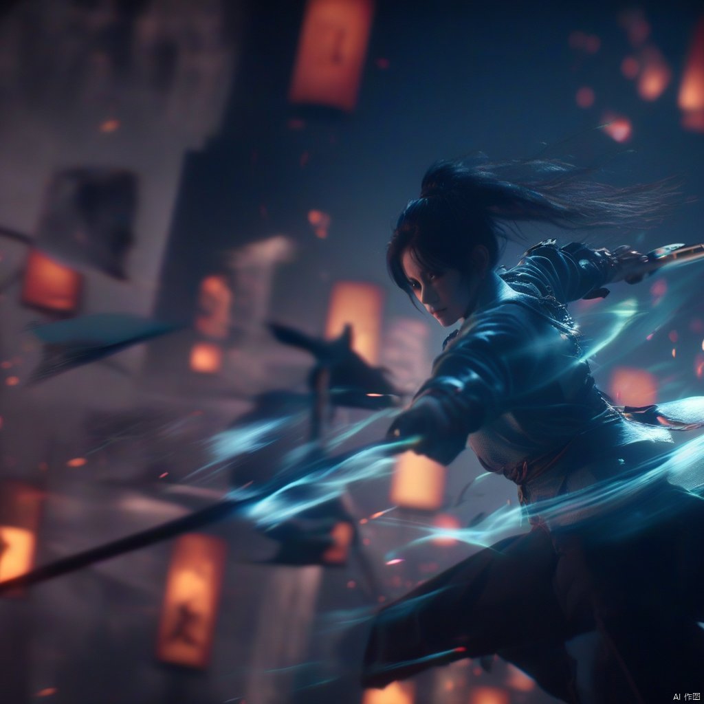 female, solo, realistic movie stills, ancient chinese martial arts style, holding sword, fighting stance, spark, dynamic, flame, war, aura, ponytail, holding, black hair, long hair, blurry, night