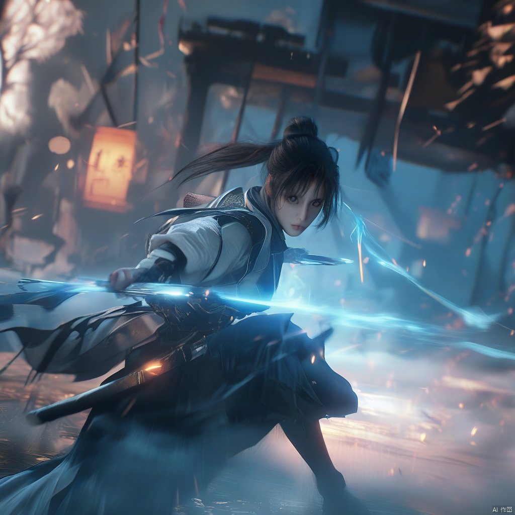 holding light-sword, 1girl, solo, particle effects, spark, holding ice-sword, weapon, sword, holding sword, black hair, hair bun, holding, holding weapon, blue eyes, single hair bun, looking at viewer