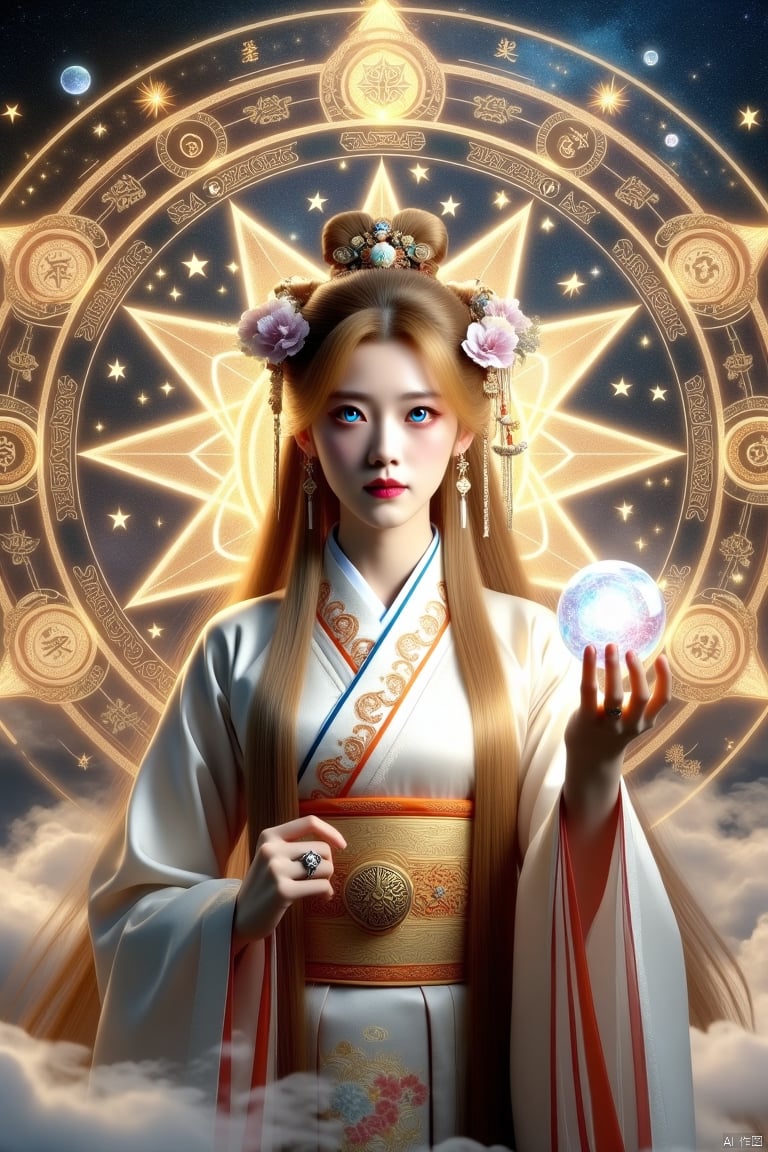 Low angle shot of a medium-sized girl wearing traditional Hanfu with an embroidered golden belt, holding a crystal ball in her right hand and raising her left hand, long golden hair decorated with a floral crown adding a touch of beauty to her face. The background is a huge star-shaped magic circle pattern with intricate designs and stars, the woman's eyes are deep blue, her lips are dark red, wearing a ring on her finger and earrings on her right ear, surrounded by clouds, creating a soft glow for the scene.