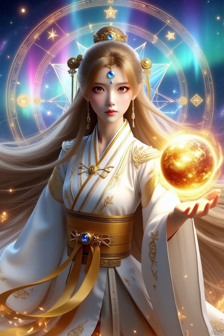 A high angle photo of a girl with long golden hair extending her right hand, with a palm emitting a golden planet. She wears a golden hairpin on her head, blue gemstones adorn her forehead, and has a pair of black eyes. She was wearing a white Hanfu with wide sleeves adorned with gold embroidery, a gold belt tied around her waist, a gold necklace, and hair hanging over her shoulders, adding beauty to her attire. The background is a deep blue starry sky with colorful auroras and a circular magic circle with star symbols in the sky. This is a full body photo of the world's most beautiful artwork