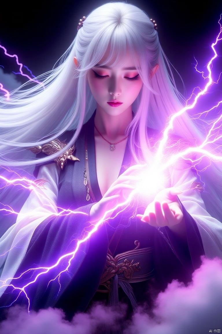 A long-haired girl performing lightning magic, with her eyes closed and arms extended, purple and fuchsia lightning bursting from her fingertips. She wears a long-sleeved outfit, revealing cleavage and shoulders, with white hair and makeup including eyeshadow and eyeliner. Surrounded by a black background with clouds floating around her, creating a mysterious and realistic feeling. Ultra-high resolution, highly detailed, masterpiece quality, exquisite detail, gentle atmosphere, high-end texture, concept art.