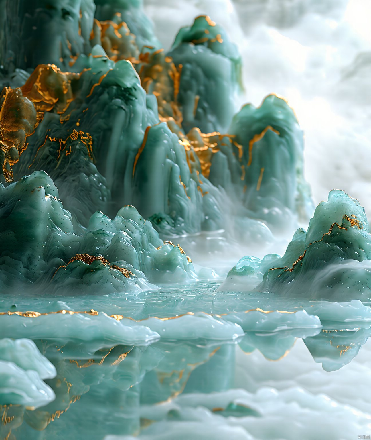 jade carving,Captured from a high-angle perspective,a detailed detailed view of a waterfall is depicted. The waterfall is made up of a variety of rocks,each with a unique texture and design. The rocks are covered in a layer of water,creating a stark contrast with the waterfall. The water is a light blue,with a reflection of the rocks in the water,adding a touch of nature to the scene. The scene is entirely entirely entirely blurred,with the rocks and trees in the foreground and the background in the background.