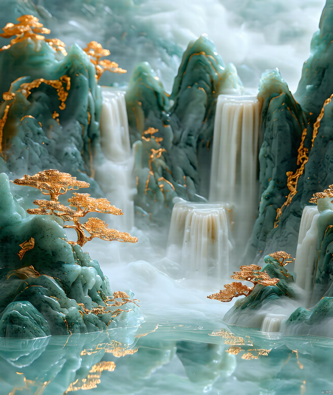 jade carving,Captured from a high-angle perspective,a detailed detailed view of a waterfall is depicted. The waterfall is made up of a variety of rocks,each with a unique texture and design. The rocks are covered in a layer of water,creating a stark contrast with the waterfall. The water is a light blue,with a reflection of the rocks in the water,adding a touch of nature to the scene. The scene is entirely entirely entirely blurred,with the rocks and trees in the foreground and the background in the background.