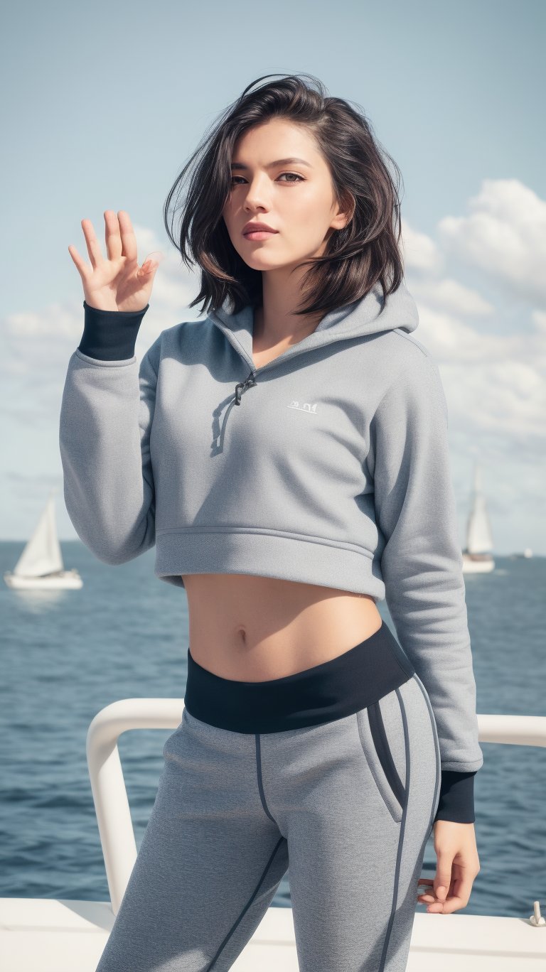 a expressive woman,Blunt bob,Brunette,Athleisure Comfy sweatpants in a soft grey fleece material.,claw pose,,Calm sky with sailboats on the horizon,Middle Ages,Grunge style Textured distressed vintage edgy punk rock vibe dirty noisy,style by Misha Gordin,bokeh professional 4k highly detailed,Fujichrome Provia 100F,split lighting