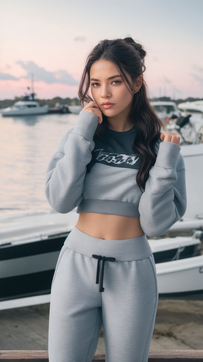 a expressive woman,Blunt bob,Brunette,Athleisure Comfy sweatpants in a soft grey fleece material.,claw pose,,Calm sky with sailboats on the horizon,Middle Ages,Grunge style Textured distressed vintage edgy punk rock vibe dirty noisy,style by Misha Gordin,bokeh professional 4k highly detailed,Fujichrome Provia 100F,split lighting