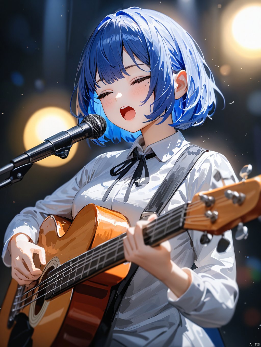 masterpiece,best quality,
1girl, virtual youtuber, solo, impasto, oil painting, best quality, upper body, holding instrument, open mouth, closed eyes, mole under eye, short hair, blue hair, bangs, white shirt, collared shirt, short over long sleeves, neck ribbon, black ribbon, playing instrument, singing, bass guitar, microphone stand, blurry, lens flare, sun, spotlight, full moon, electric guitar
