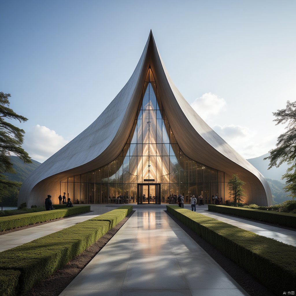 A modern-style religious building designed with smooth curves and geometric shapes, featuring glass and steel materials reflecting the colors of the sky, surrounded by well-trimmed green vegetation and walking paths, conveying a sense of tranquility and solemnity, high-resolution image.,fangzi