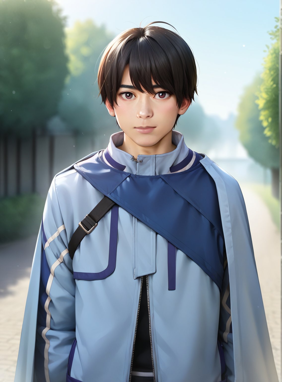 score_9, score_8_up, score_7_up, score_6_up, score_5_up, score_4_up, (invej:0.7), (qdnt:0.5), realistic, 1boy, houtaroichinose, (smile:0.5), closed mouth, beautiful eyes, young boy, short hair, light blue jacket, zipper, cowl, cape, closed jacket, upper body, looking at viewer, outside, sky,