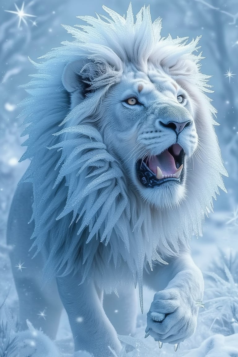 A frozen lion in mid-roar, its majestic mane covered in frost and ice. The savannah is transformed into a frozen wasteland, with snow and ice replacing the usual warmth of the plains.