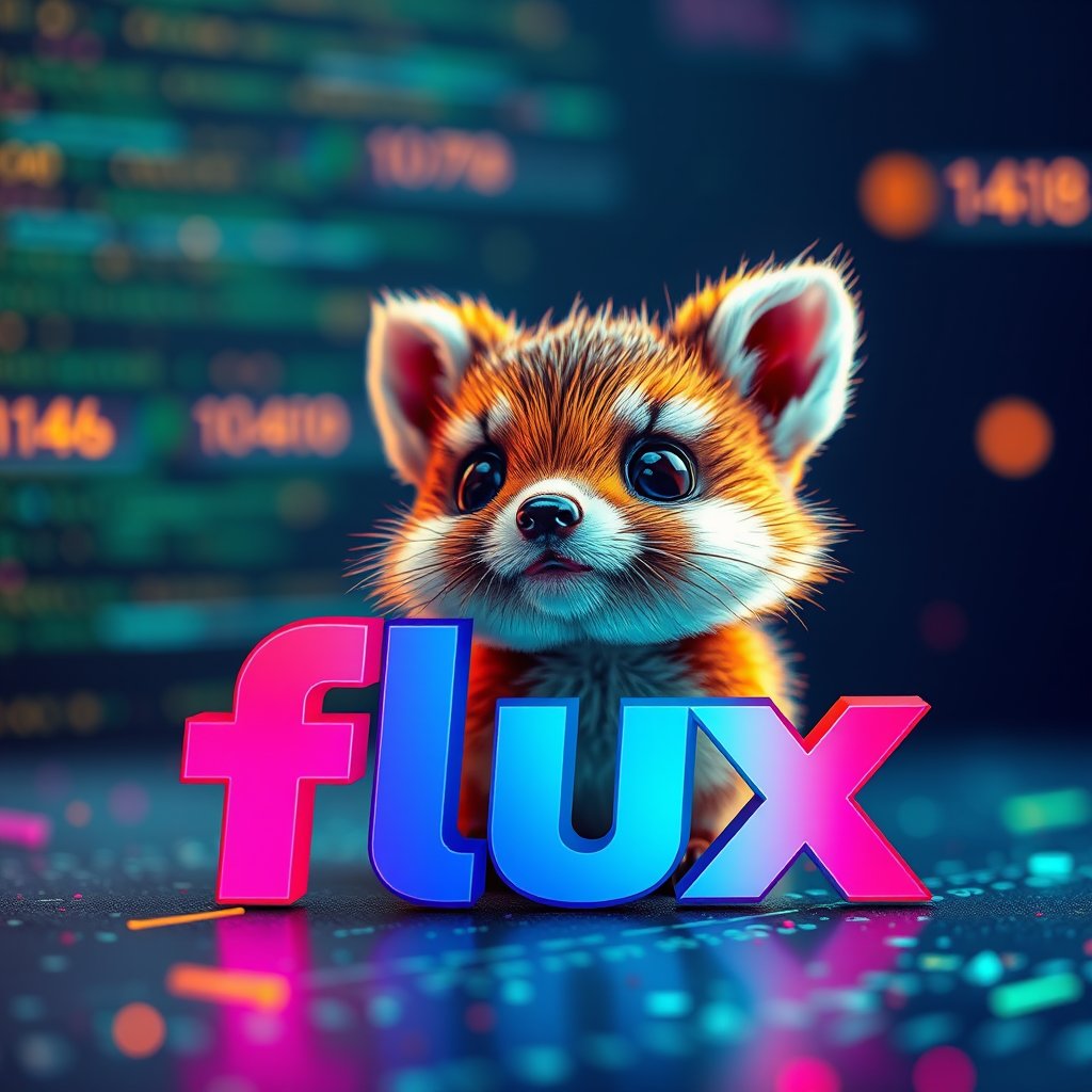 Captivating banner image for 'flux', featuring a cute small animal character, photorealistic style, with colorful text prominently displayed. The image should be ultra high definition 8K resolution, hyper-detailed, and in sharp focus, showcasing professional graphic design with vibrant colors. The composition should be dynamic and eye-catching, seamlessly integrating the text and visuals. Incorporate a futuristic tech aesthetic with abstract code or data visualization elements, while maintaining a sleek modern look. Include attention-grabbing visual effects and subtle gradients to create an innovative and cutting-edge feel, perfect for web development branding. The cute animal character should enhance the charm and appeal of the banner, drawing people in and making it more engaging.