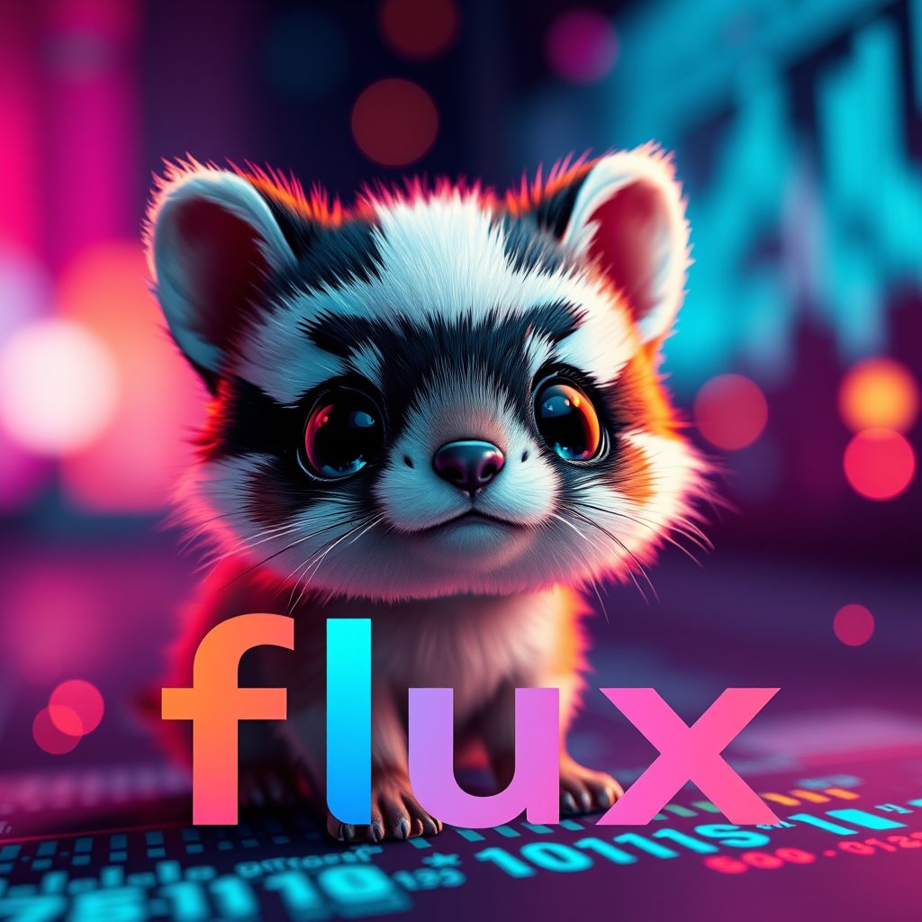 Captivating banner image for 'flux', featuring a cute small animal character, photorealistic style, with colorful text prominently displayed. The image should be ultra high definition 8K resolution, hyper-detailed, and in sharp focus, showcasing professional graphic design with vibrant colors. The composition should be dynamic and eye-catching, seamlessly integrating the text and visuals. Incorporate a futuristic tech aesthetic with abstract code or data visualization elements, while maintaining a sleek modern look. Include attention-grabbing visual effects and subtle gradients to create an innovative and cutting-edge feel, perfect for web development branding. The cute animal character should enhance the charm and appeal of the banner, drawing people in and making it more engaging.