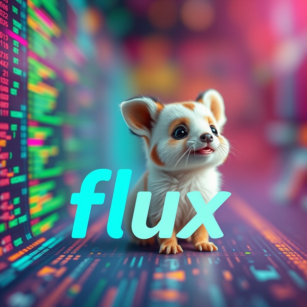 Captivating banner image for 'flux', featuring an adorable small animal character, set against a bright and cheerful background, photorealistic style, colorful text prominently displayed, ultra high definition 8K resolution, hyper-detailed, sharp focus, professional graphic design, vibrant colors, dynamic composition, eye-catching elements, seamless integration of text and visuals, futuristic tech aesthetic, abstract code or data visualization, sleek modern look, attention-grabbing visual effects, subtle gradients, innovative and cutting-edge feel, perfect for web development branding.