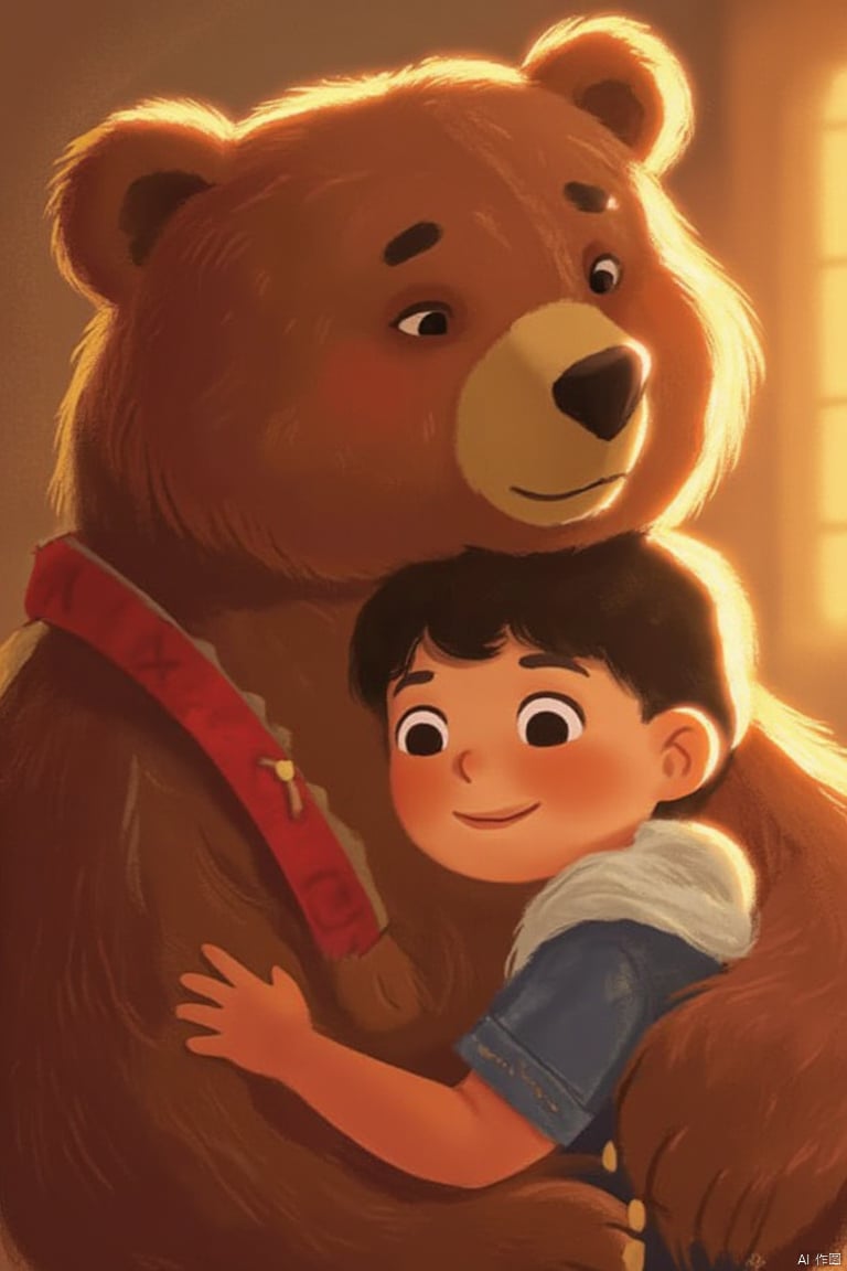 A tender scene unfolds: a small boy, eyes shining with joy, wraps his arms tightly around a massive brown bear's neck. Soft, golden light bathes the duo, illuminating their snuggle fest against a warm, cozy background. The boy's bright smile and the bear's gentle gaze radiate warmth and comfort, conveying a sense of healing and togetherness.