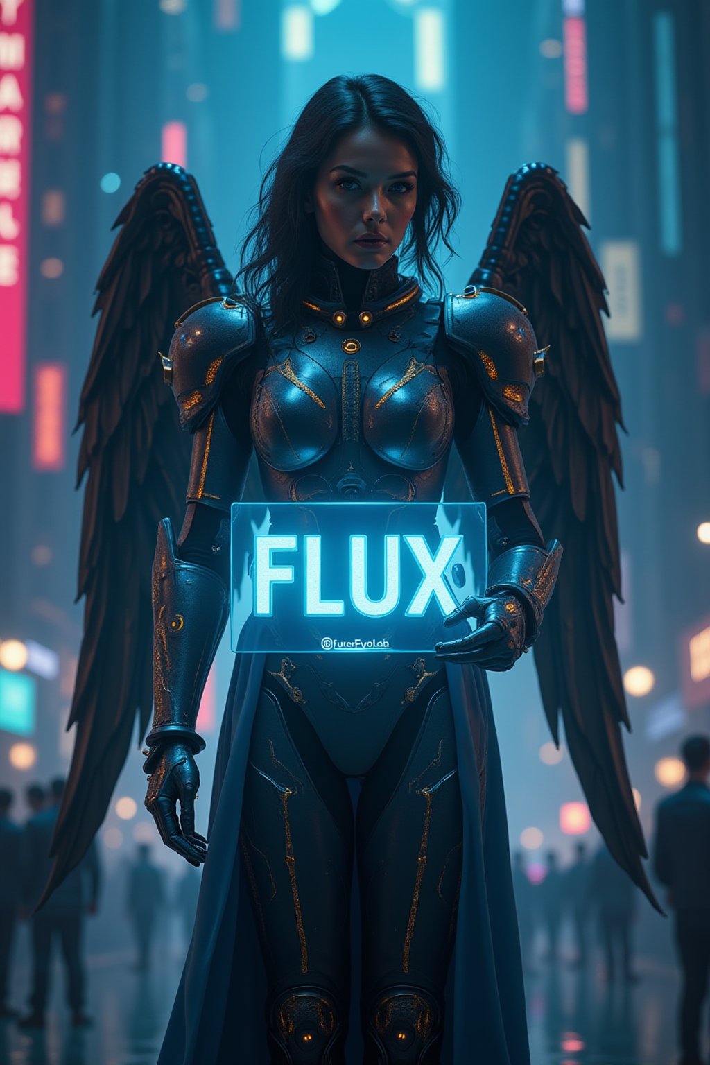 A beautiful girl in a futuristic cyberpunk universe, wearing sleek, glowing armor with large mechanical angel wings. She is holding a holographic screen with the text "FLUX" in large letters, accompanied by "FuturEvoLab" in smaller font. The scene is set against a backdrop of a futuristic city, illuminated by neon signs and high-rise buildings,FuturEvoLabArmor