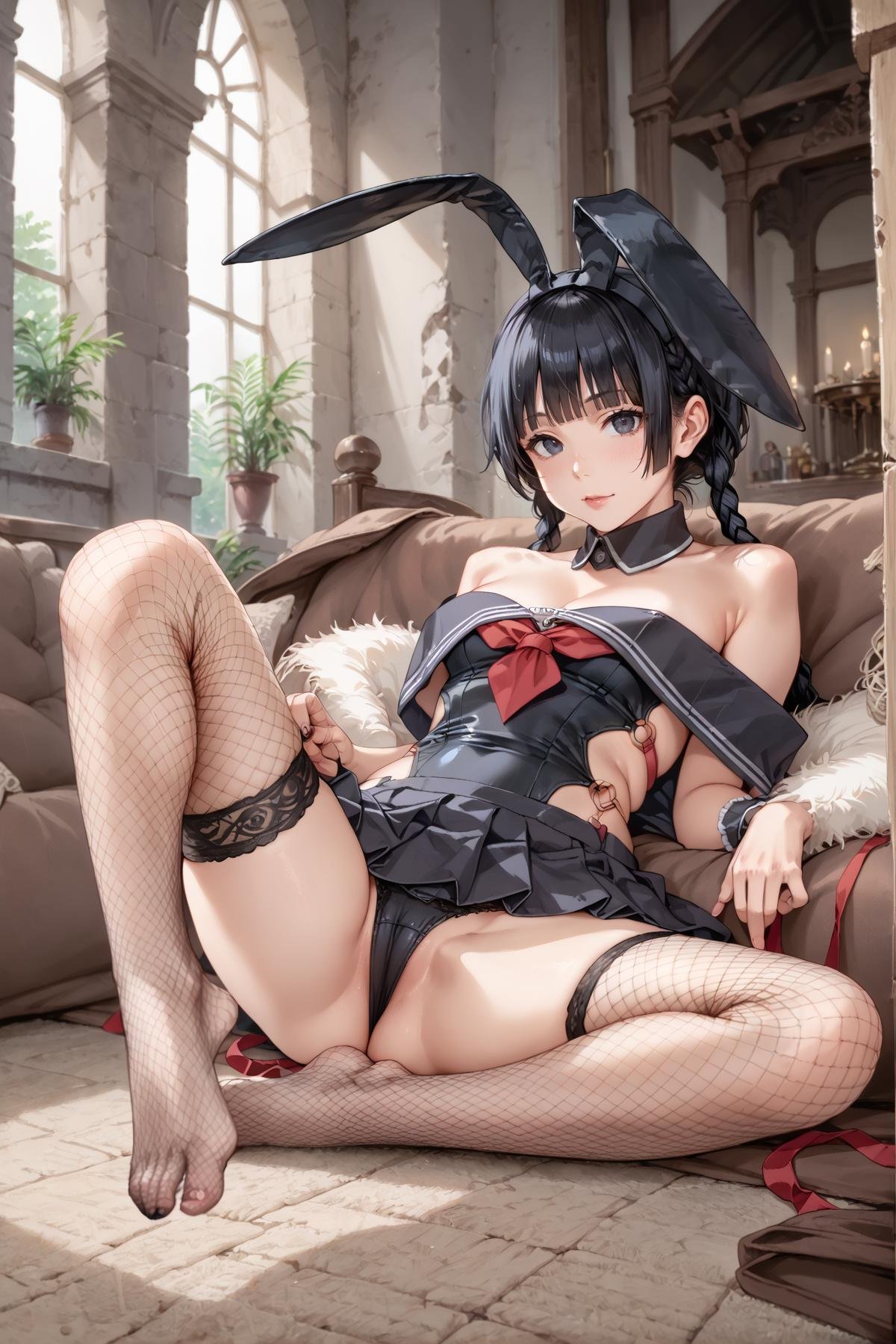 <lora:kk_sexydress_set38:1>,score_9,score_8_up,score_7_up,source_anime,kk_sexydress_set38,1girl,solo,fishnet thighhighs,black hair,twin braids,braid,animal ears,rabbit ears,skirt,underwear,full body,spread legs,looking at viewer,Gothic Cathedral, grand vaulted ceilings, organ music, intricate mosaics, cobbled floors, ethereal energy,