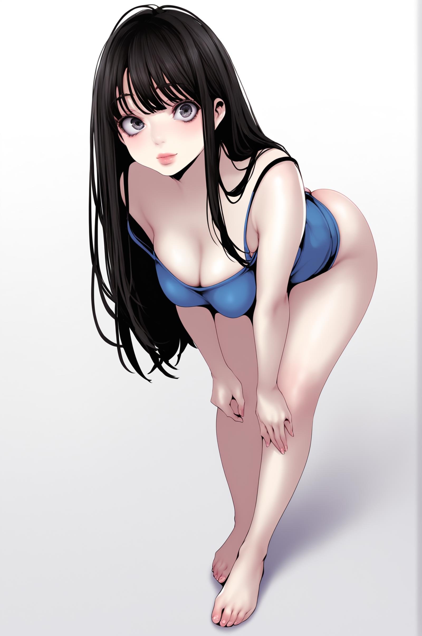 <lora:XL_JeongSook_BNW:1> jeongsookdef, black eyes, black hair, long hair, looking at viewer, simple background, hair ornament, white background, cleavage, bare shoulders, underwear, standing, panties, full body, ass, barefoot, hairclip, striped, nail polish, lips, bare legs, bent over, strap slip, blue nails, toenails, head rest, hanging breasts, toenail polish, score_9,score_8_up,score_7_up, source_anime,  detailed face