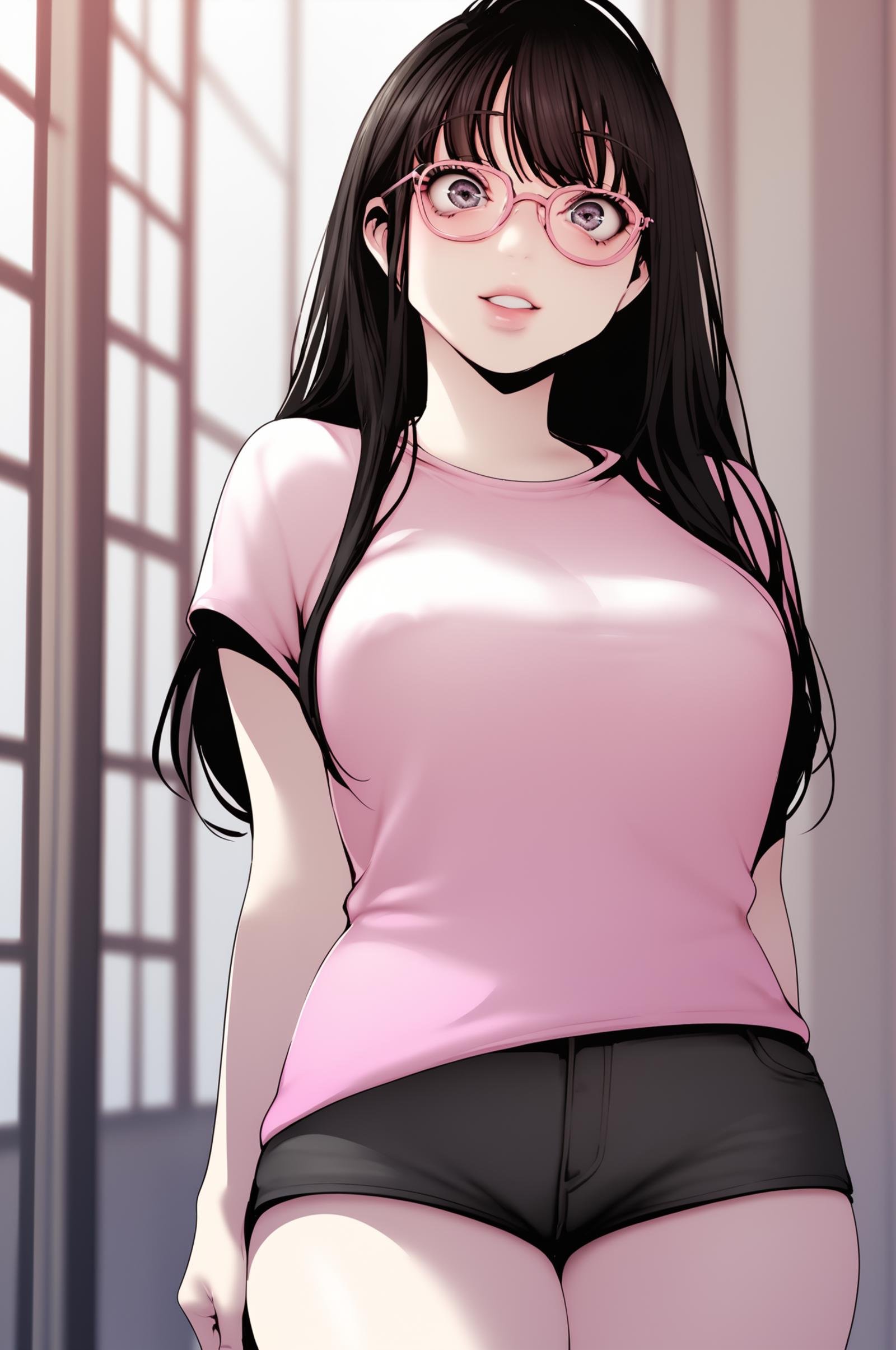 <lora:XL_JeongSook_BNW:1> jeongsookdef, black eyes, black hair, long hair, pink t-shirt, short shorts, black shorts, thighs, standing, glasses, looking at viewer, micro shorts,, score_9,score_8_up,score_7_up, source_anime,  detailed face