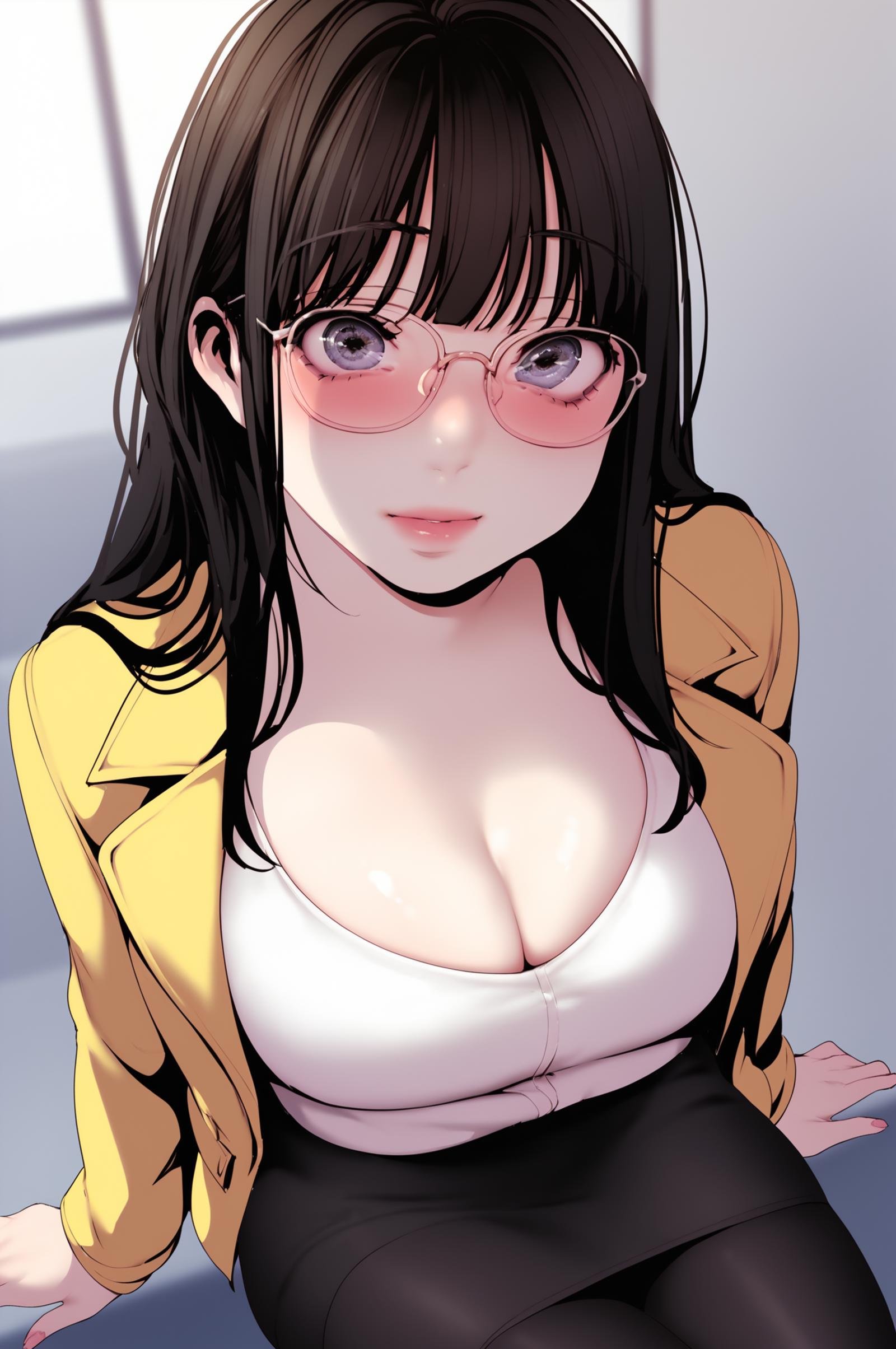 <lora:XL_JeongSook_BNW:1> jeongsookdef, black eyes, black hair, long hair, white shirt, cleavage, yellow jacket, open jacket, black pantyhose, pencil skirt, black skirt, blush, glasses, looking at viewer,, score_9,score_8_up,score_7_up, source_anime,  detailed face