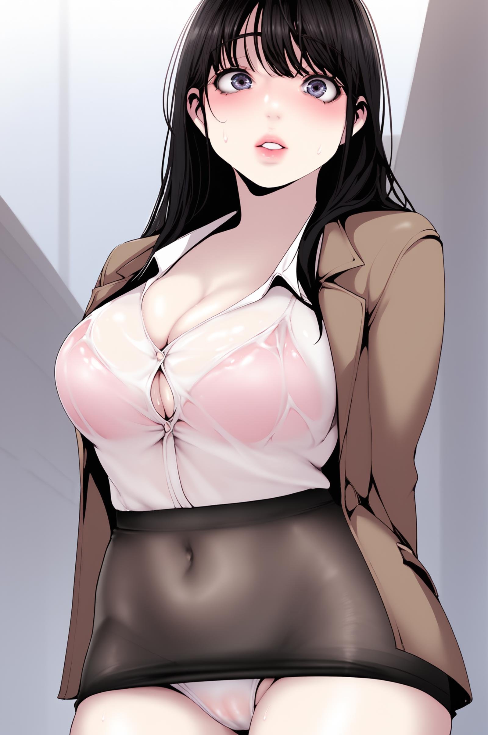 <lora:XL_JeongSook_BNW:1> jeongsookdef, black eyes, black hair, long hair, blush, cleavage, underwear, standing, panties, white shirt, thighs, cowboy shot, outdoors, parted lips, black skirt, black  bra, white panties, lips, wet, see-through, covered navel, arms behind back, pantyshot, wet clothes, pencil skirt, brown jacket, wet shirt, office lady, bra visible through clothes, score_9,score_8_up,score_7_up, source_anime,  detailed face