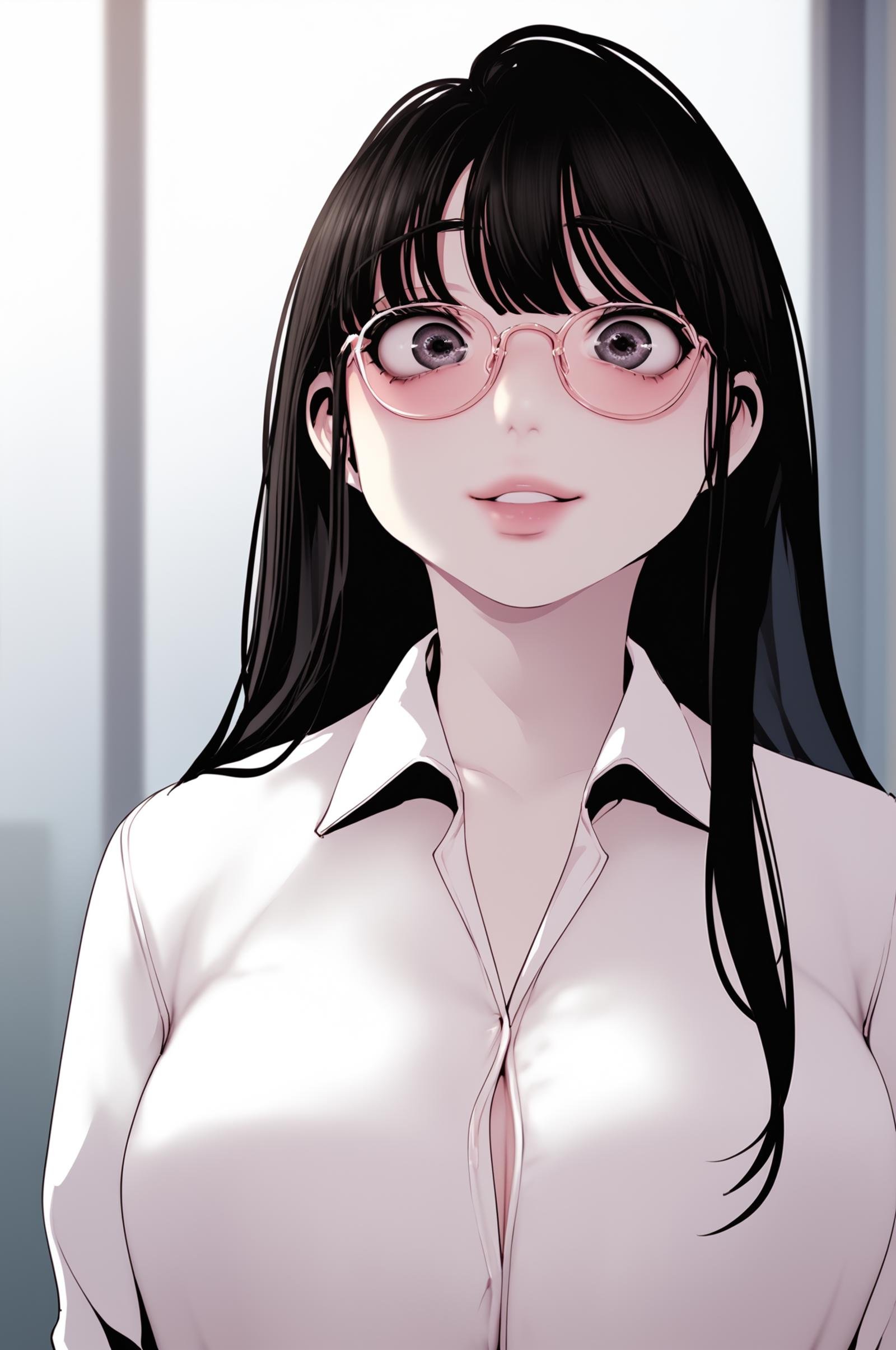 <lora:XL_JeongSook_BNW:1> jeongsookdef, black eyes, black hair, long hair, white shirt, collared shirt, open shirt, looking at viewer, glasses, score_9,score_8_up,score_7_up, source_anime,  detailed face