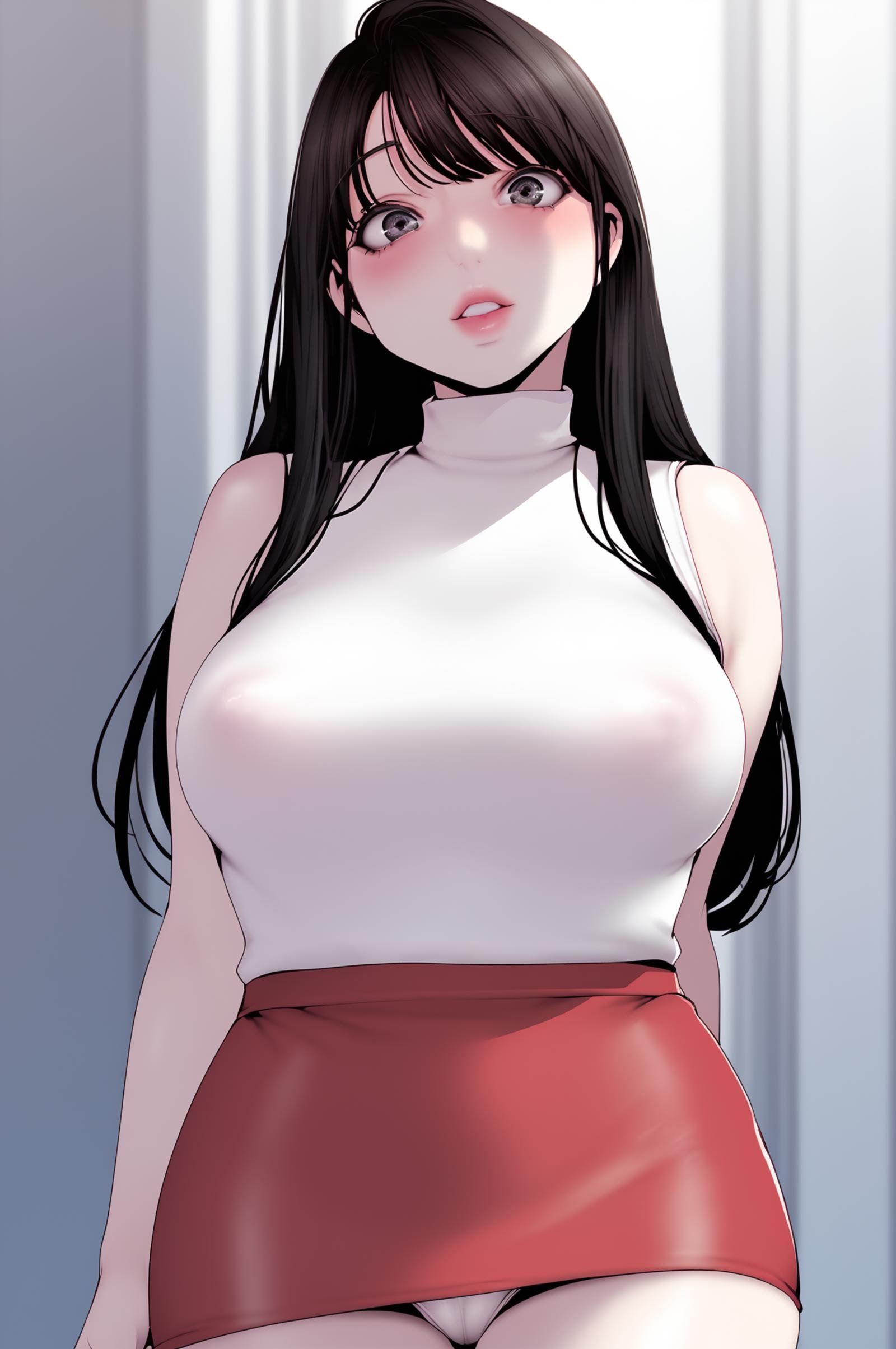 <lora:XL_JeongSook_BNW:1> jeongsookdef, black eyes, black hair, long hair, looking at viewer, blush, sleeveless, white shirt, turtleneck, pencil skirt, red skirt, thighs, white panties, panties, standing, pantyshot, miniskirt, lips, facing viewer,, score_9,score_8_up,score_7_up, source_anime,  detailed face