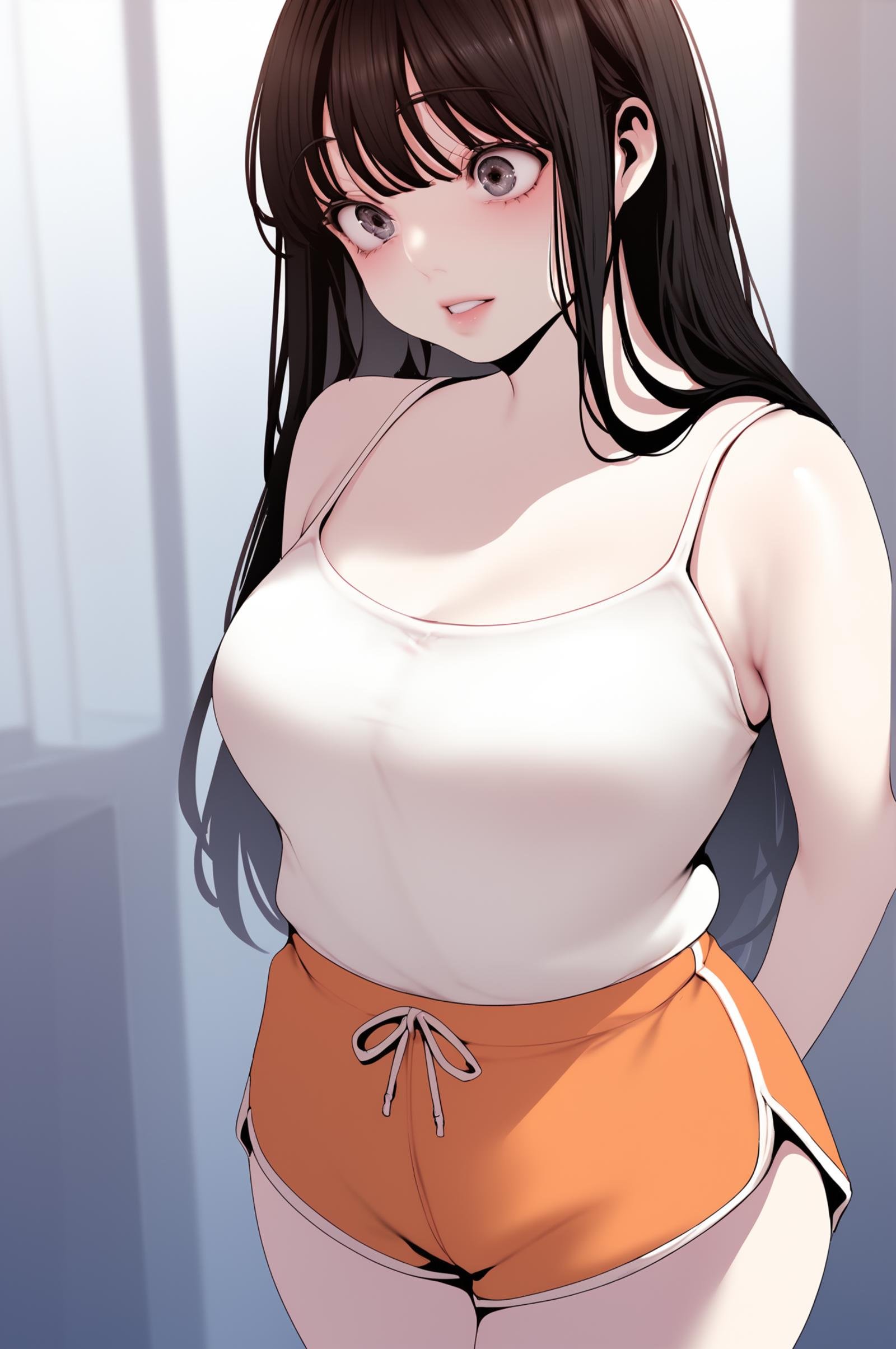 <lora:XL_JeongSook_BNW:1> jeongsookdef, black eyes, black hair, long hair, white camisole, dolphin shorts, orange shorts, thighs,, score_9,score_8_up,score_7_up, source_anime,  detailed face