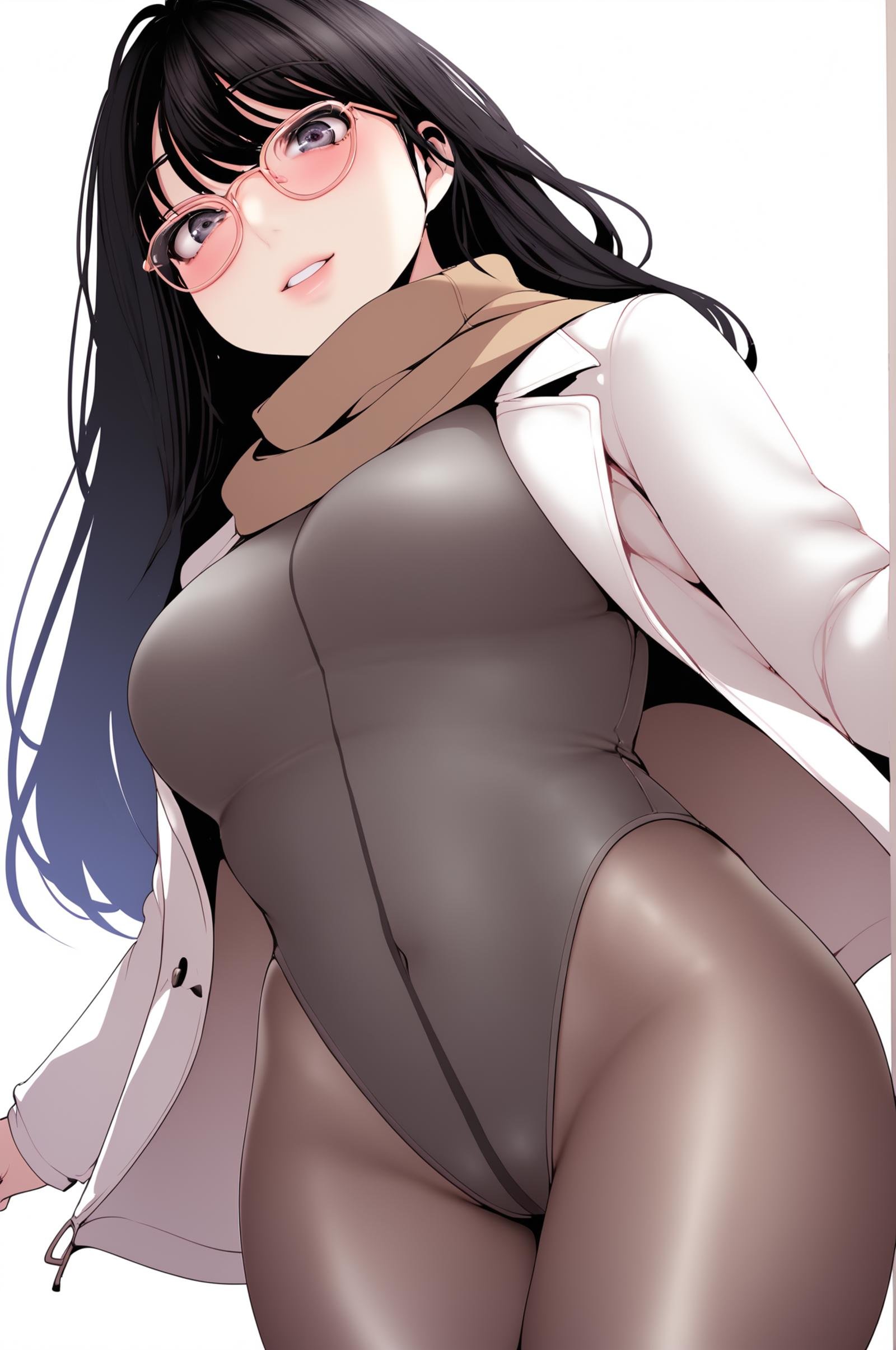 <lora:XL_JeongSook_BNW:1> jeongsookdef, black eyes, black hair, long hair, looking at viewer, blush, white jacket, open jacket, brown pantyhose, black leotard, sweater leotard, brown scarf, white background, simple background, glasses, thighband pantyhose, score_9,score_8_up,score_7_up, source_anime,  detailed face