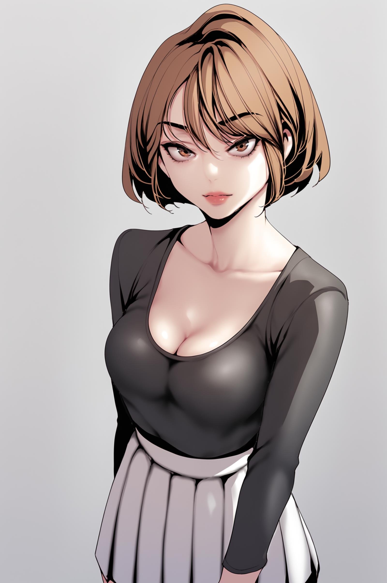 <lora:XL_NaSori_BNW:1> nasoridef, brown hair, brown eyes, short hair, grey background, simple background, standing, looking at viewer, black shirt, white skirt, pleated skirt, cleavage, collarbone, facing viewer, score_9,score_8_up,score_7_up, source_anime,  detailed face