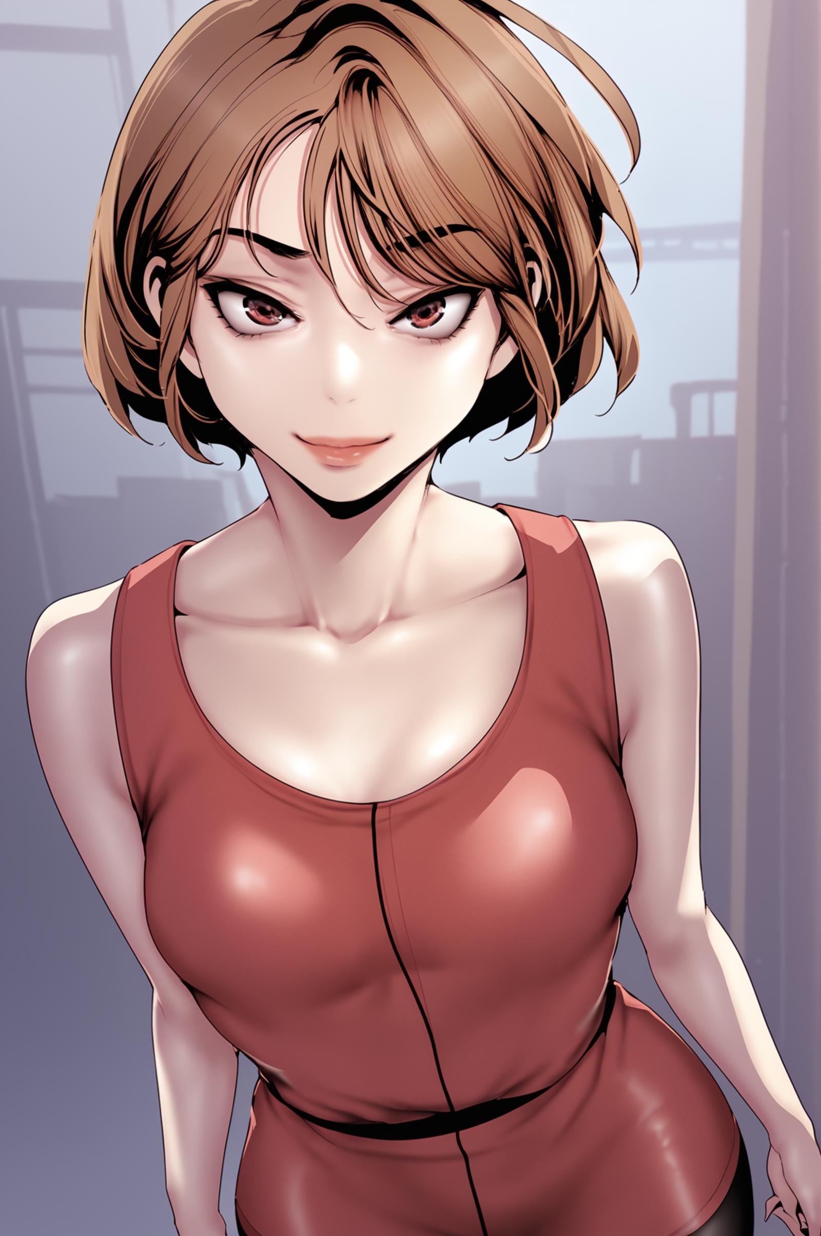 <lora:XL_NaSori_BNW:1> nasoridef, brown hair, brown eyes, short hair,standing, looking at viewer, red dress, sleeveless dress, short dress, collarbone, outdoors, pantyhose, light smile,, score_9,score_8_up,score_7_up, source_anime,  detailed face