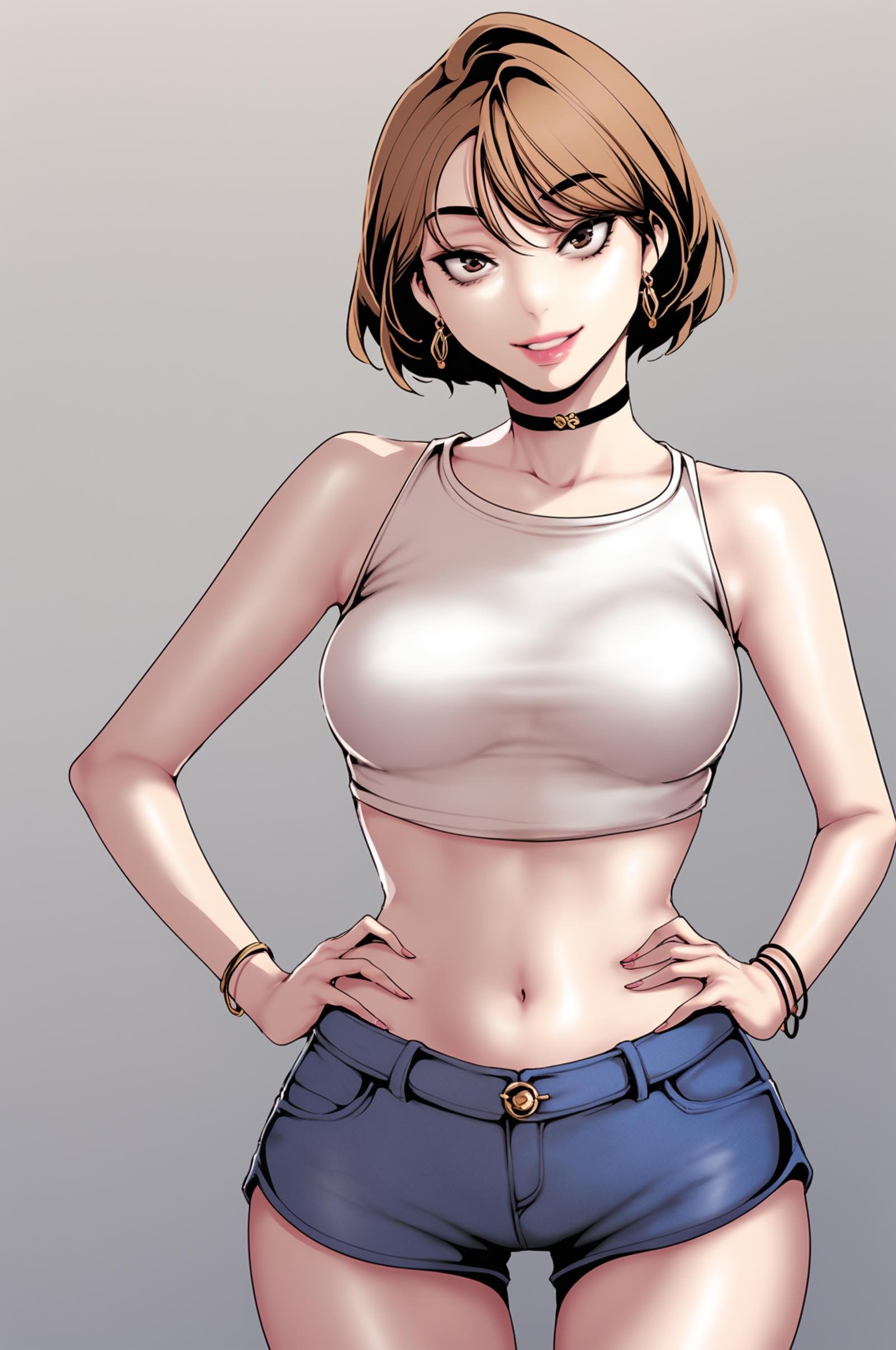 <lora:XL_NaSori_BNW:1> nasoridef, brown hair, brown eyes, short hair, grey background, simple background, solo, looking at viewer, smile, brown hair, shirt, navel, bare shoulders, jewelry, medium breasts, closed mouth, standing, white shirt, cowboy shot, earrings, shorts, sleeveless, choker, midriff, necklace, stomach, bracelet, lips, crop top, short shorts, sleeveless shirt, makeup, thigh gap, denim, blue shorts, denim shorts, hands on hips, pink lips, score_9,score_8_up,score_7_up, source_anime,  detailed face