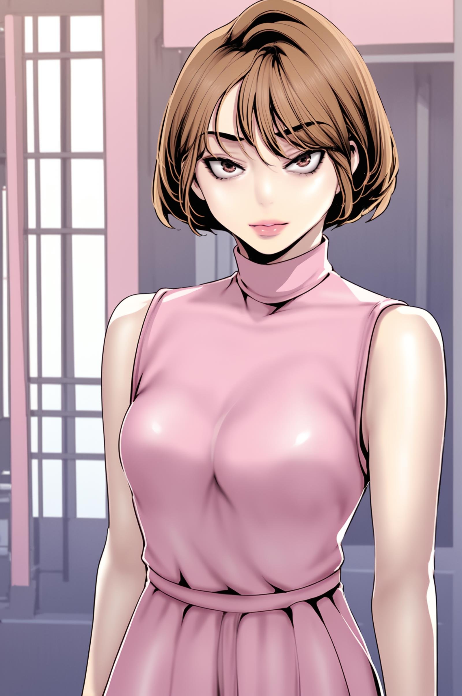 <lora:XL_NaSori_BNW:1> nasoridef, brown hair, brown eyes, short hair,standing, looking at viewer, outdoors, pink sweater, sleeveless, pink skirt, turtleneck sweater,, score_9,score_8_up,score_7_up, source_anime,  detailed face