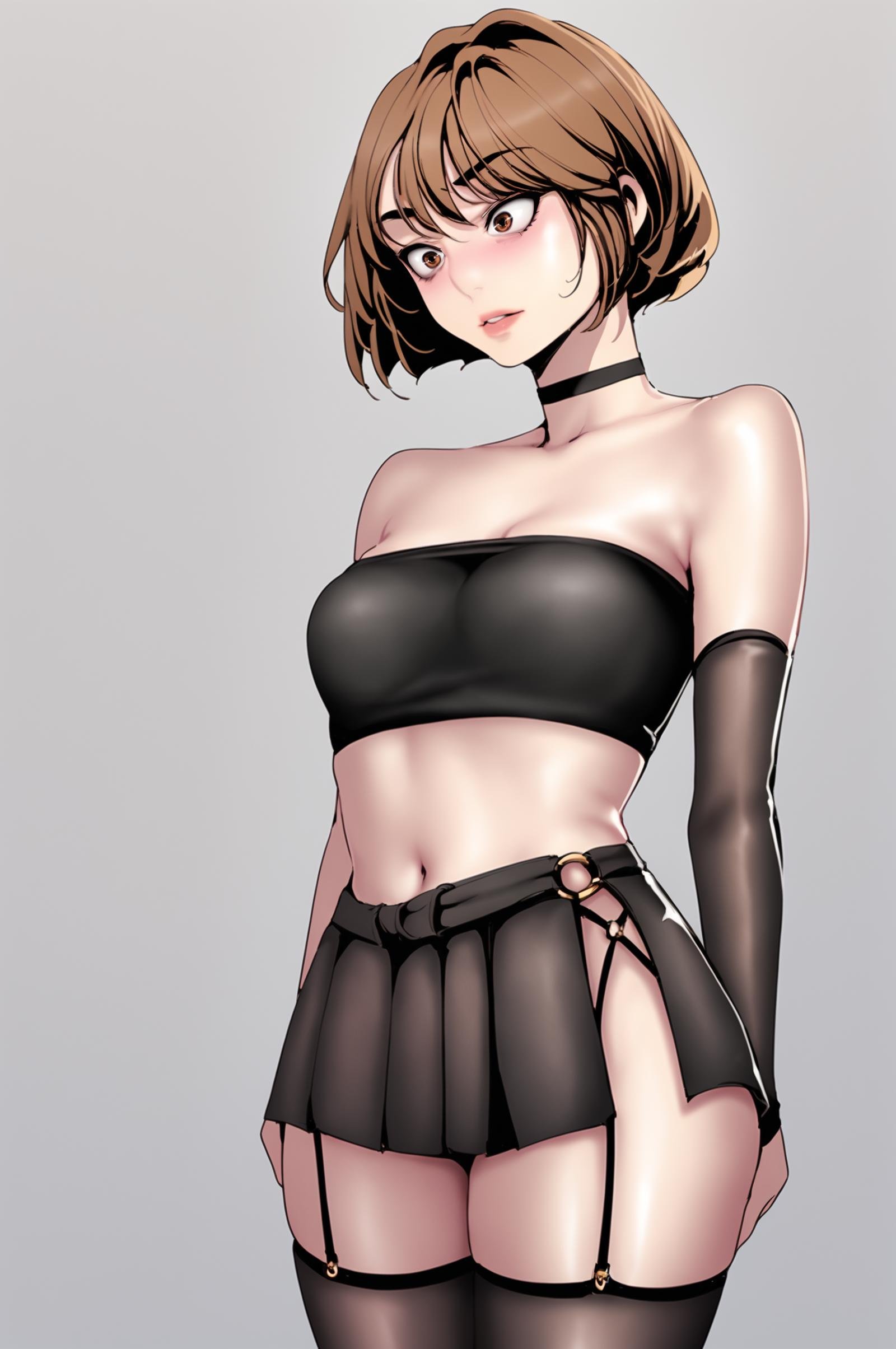 <lora:XL_NaSori_BNW:1> nasoridef, brown hair, brown eyes, short hair, grey background, simple background, standing, tube top, pleated skirt, black thighhighs, black choker, garter straps, navel, black gloves, elbow gloves, o-ring skirt, blush, looking down,, score_9,score_8_up,score_7_up, source_anime,  detailed face