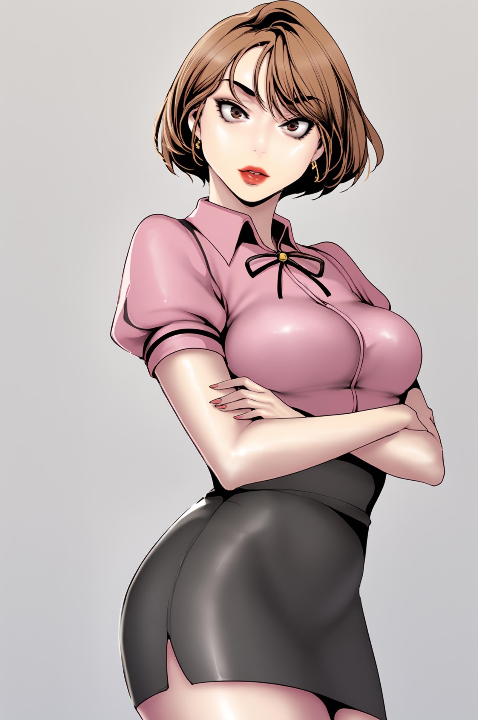 <lora:XL_NaSori_BNW:1> nasoridef, brown hair, brown eyes, short hair, grey background, simple background, solo, looking at viewer, skirt, shirt, jewelry, medium breasts, short sleeves, pantyhose, puffy sleeves, collared shirt, miniskirt, black skirt, bracelet, lips, makeup, crossed arms, lipstick, pencil skirt, pink shirt, red lips, score_9,score_8_up,score_7_up, source_anime,  detailed face