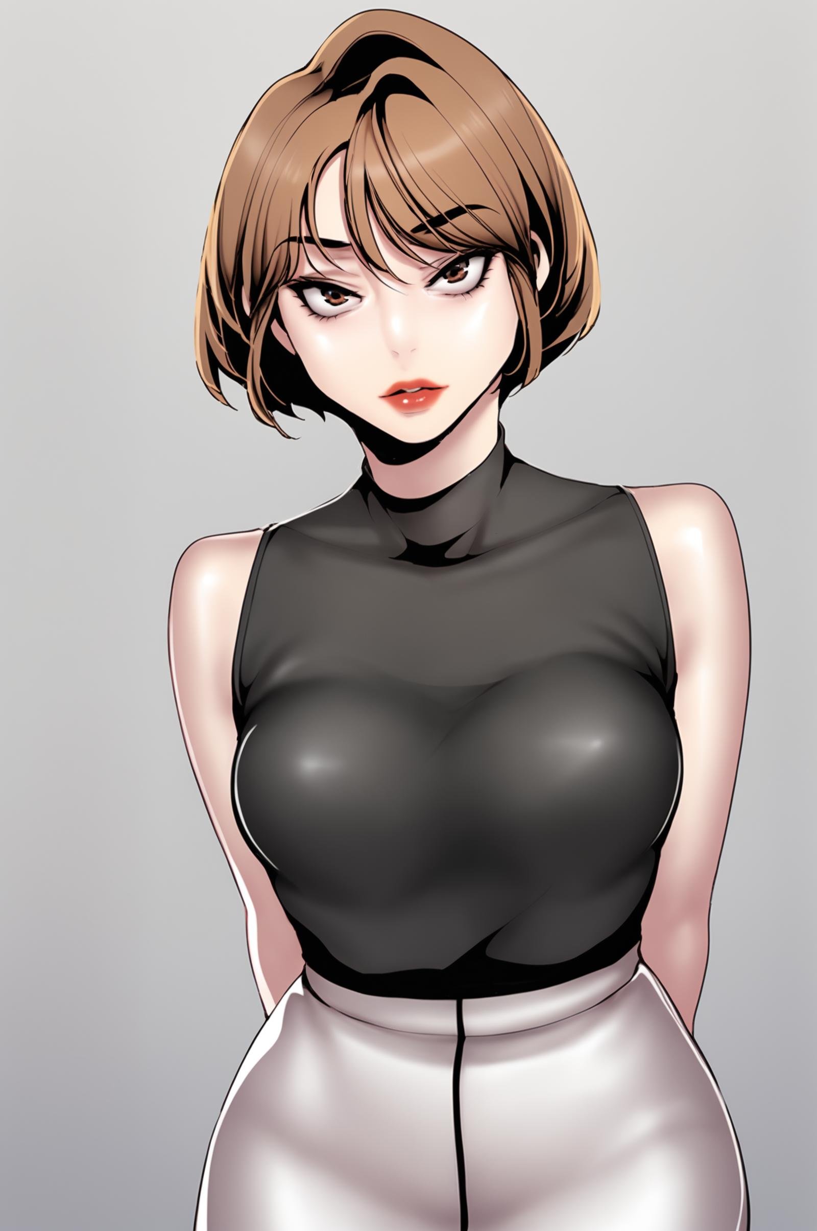 <lora:XL_NaSori_BNW:1> nasoridef, brown hair, brown eyes, short hair, grey background, simple background, solo, looking at viewer, makeup, red lips, parted lips, black shirt, white skirt, pantyhose, sleeveless, jewelry, arms behind back, pencil skirt,, score_9,score_8_up,score_7_up, source_anime,  detailed face