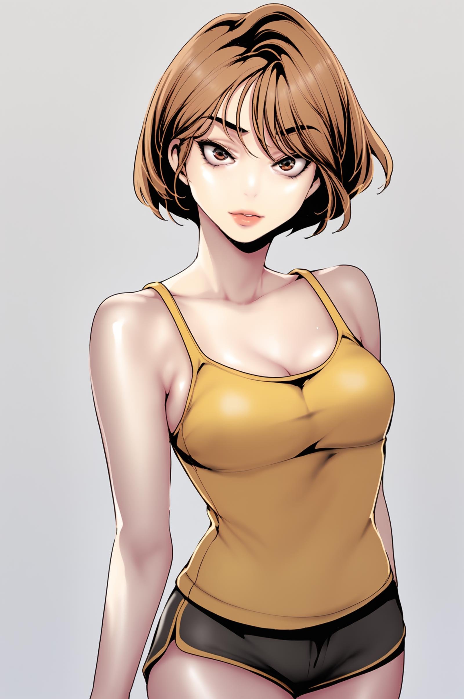 <lora:XL_NaSori_BNW:1> nasoridef, brown hair, brown eyes, short hair, grey background, simple background, standing, looking at viewer, yellow camisole, spaghetti strap, black shorts, dolphin shorts, facing viewer,, score_9,score_8_up,score_7_up, source_anime,  detailed face