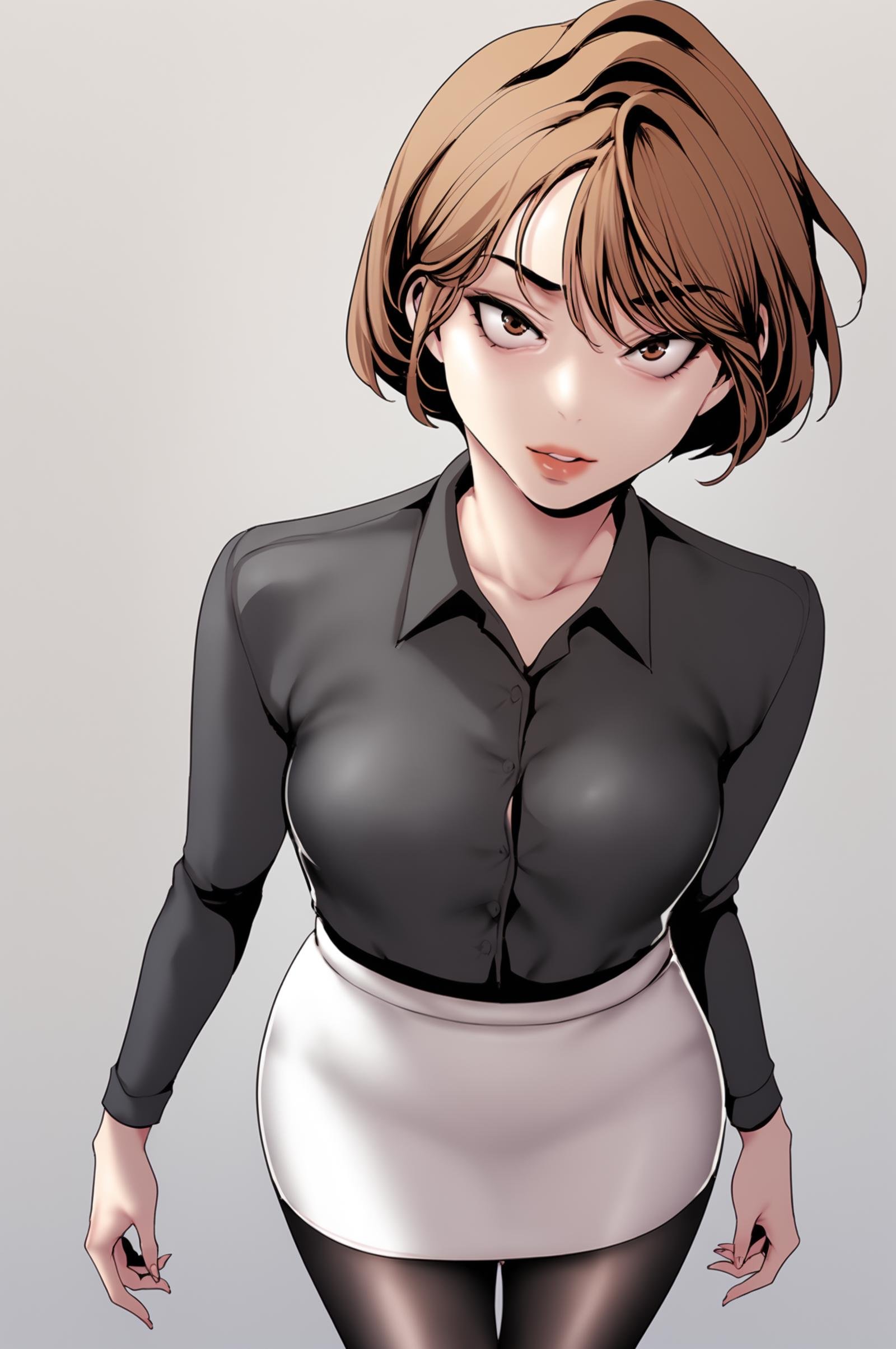 <lora:XL_NaSori_BNW:1> nasoridef, brown hair, brown eyes, short hair, grey background, simple background, standing, looking at viewer, black shirt, collared shirt, collarbone, pencil skirt, white skirt, black pantyhose long sleeves, skirt, pantyhose, american shot, score_9,score_8_up,score_7_up, source_anime,  detailed face