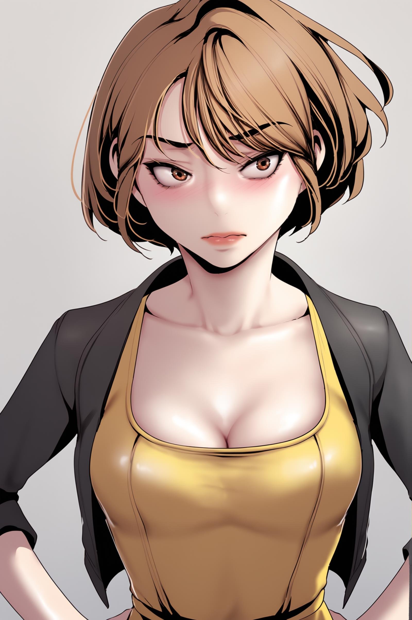 <lora:XL_NaSori_BNW:1> nasoridef, brown hair, brown eyes, short hair, grey background, simple background, standing, looking to the side, facing viewer, yellow dress, dress, sleeveless dress, short dress, cleavage, collarbone, black jacket, jacket, open jacket, hands on own hip, blush, embarrassed,, score_9,score_8_up,score_7_up, source_anime,  detailed face