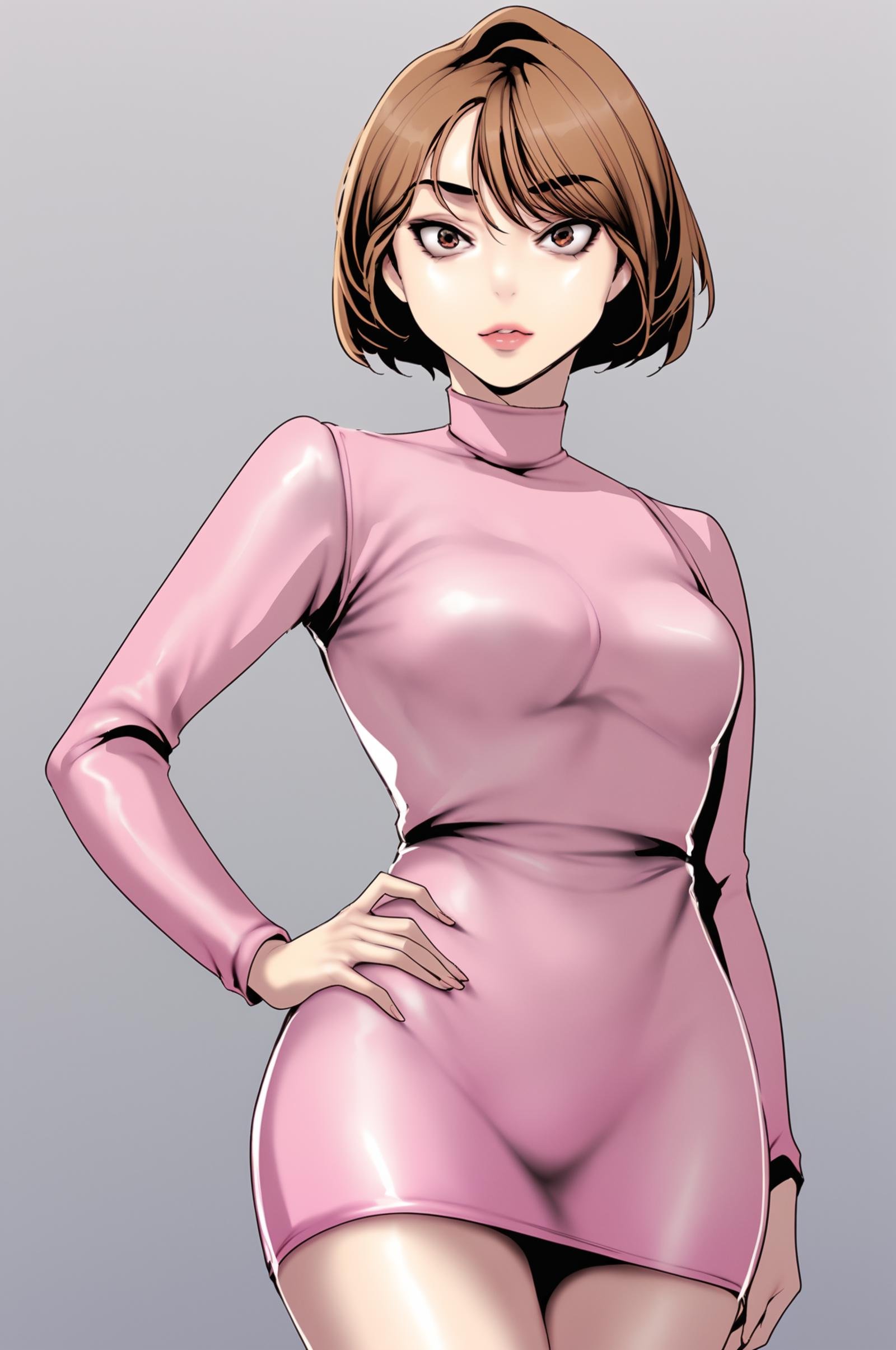 <lora:XL_NaSori_BNW:1> nasoridef, brown hair, brown eyes, short hair, grey background, simple background, standing, looking at viewer, facing viewer, long sleeves, pink dress, turtleneck, dress, short dress, hand on own hip,, score_9,score_8_up,score_7_up, source_anime,  detailed face