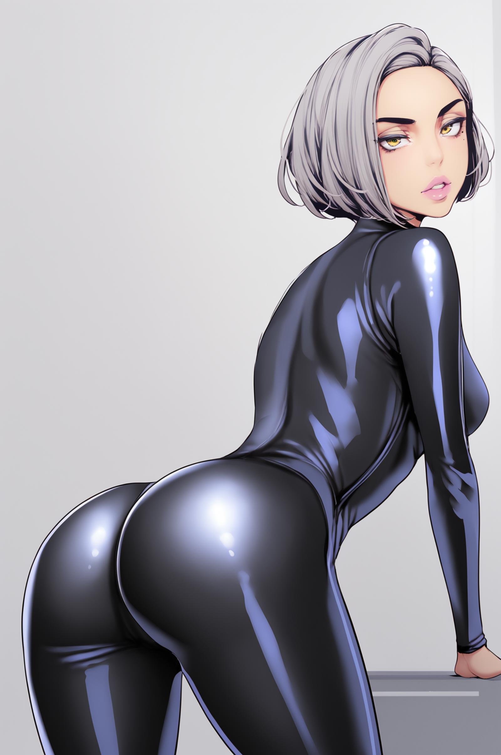 <lora:XL_Somi_BNW:1> somidef, short hair, yellow eyes, grey hair, dark-skinned female, grey background, simple background,latex, ass, skin tight, looking at viewer, lips, medium breasts, black bodysuit, shiny, latex bodysuit, shiny clothes, leaning forward, lipstick, from behind, makeup, short hair, looking back, parted lips, solo, bodysuit, score_9,score_8_up,score_7_up, source_anime,  detailed face