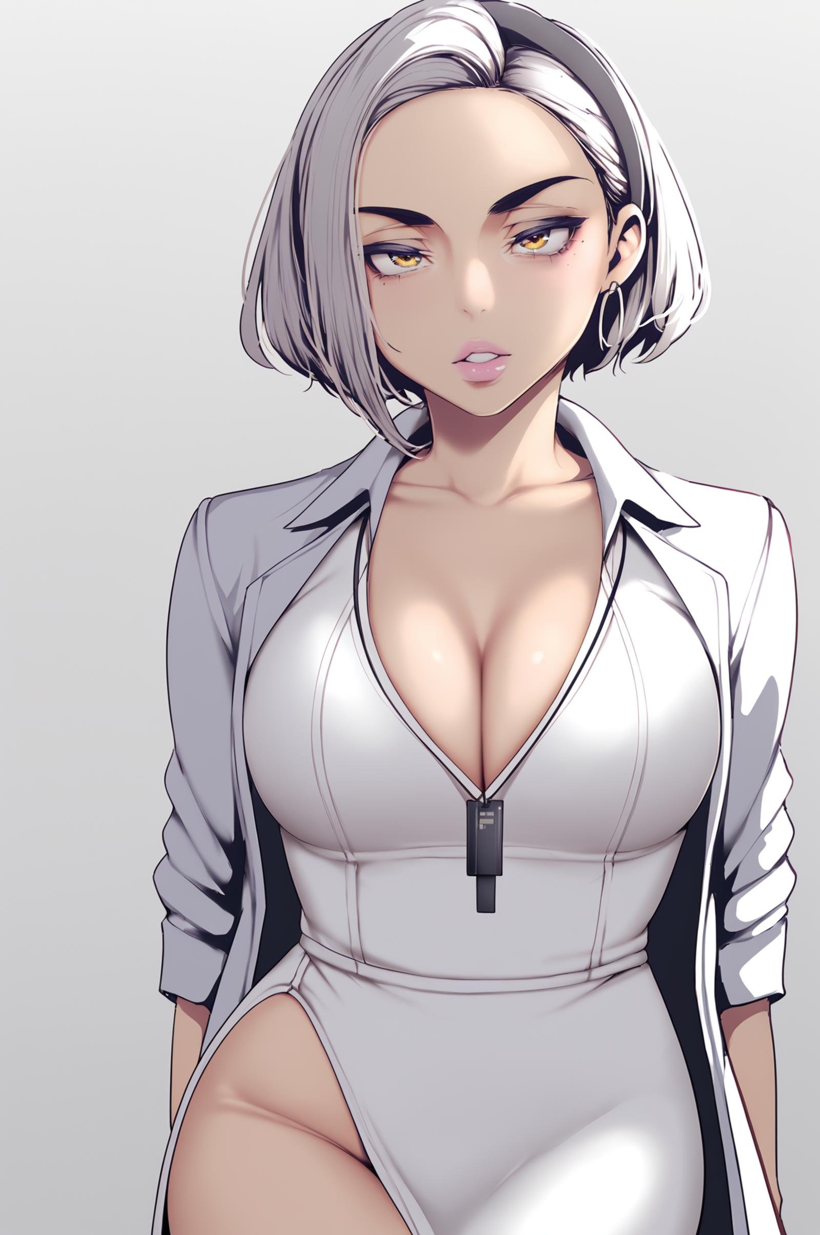 <lora:XL_Somi_BNW:1> somidef, short hair, yellow eyes, grey hair, dark-skinned female, grey background, simple background,jewelry, large breasts, looking at viewer, 1girl, makeup, dress, earrings, solo, collarbone, lanyard, pantyhose, labcoat, short hair, black pantyhose, id card, parted lips, hairband, cleavage, white dress, side slit, score_9,score_8_up,score_7_up, source_anime,  detailed face