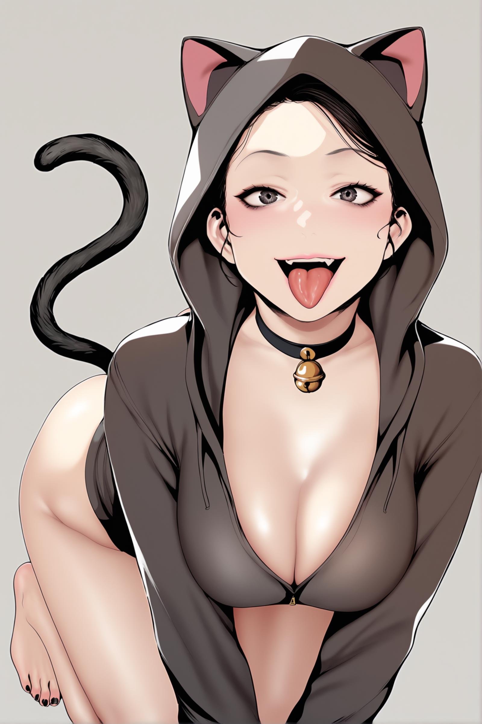 <lora:XL_Neighbor_BNW:1> neighbordef, black hair, black eyes, hair bun,simple background, grey background,looking at viewer, smile, open mouth, large breasts, animal ears, cleavage, tail, ass, barefoot, choker, tongue, cat ears, hood, tongue out, nail polish, feet, cat tail, bell, hoodie, makeup, toes, black choker, black nails, jingle bell, neck bell, hood up, animal hood, fake tail, cat hood, score_9,score_8_up,score_7_up, source_anime,  detailed face