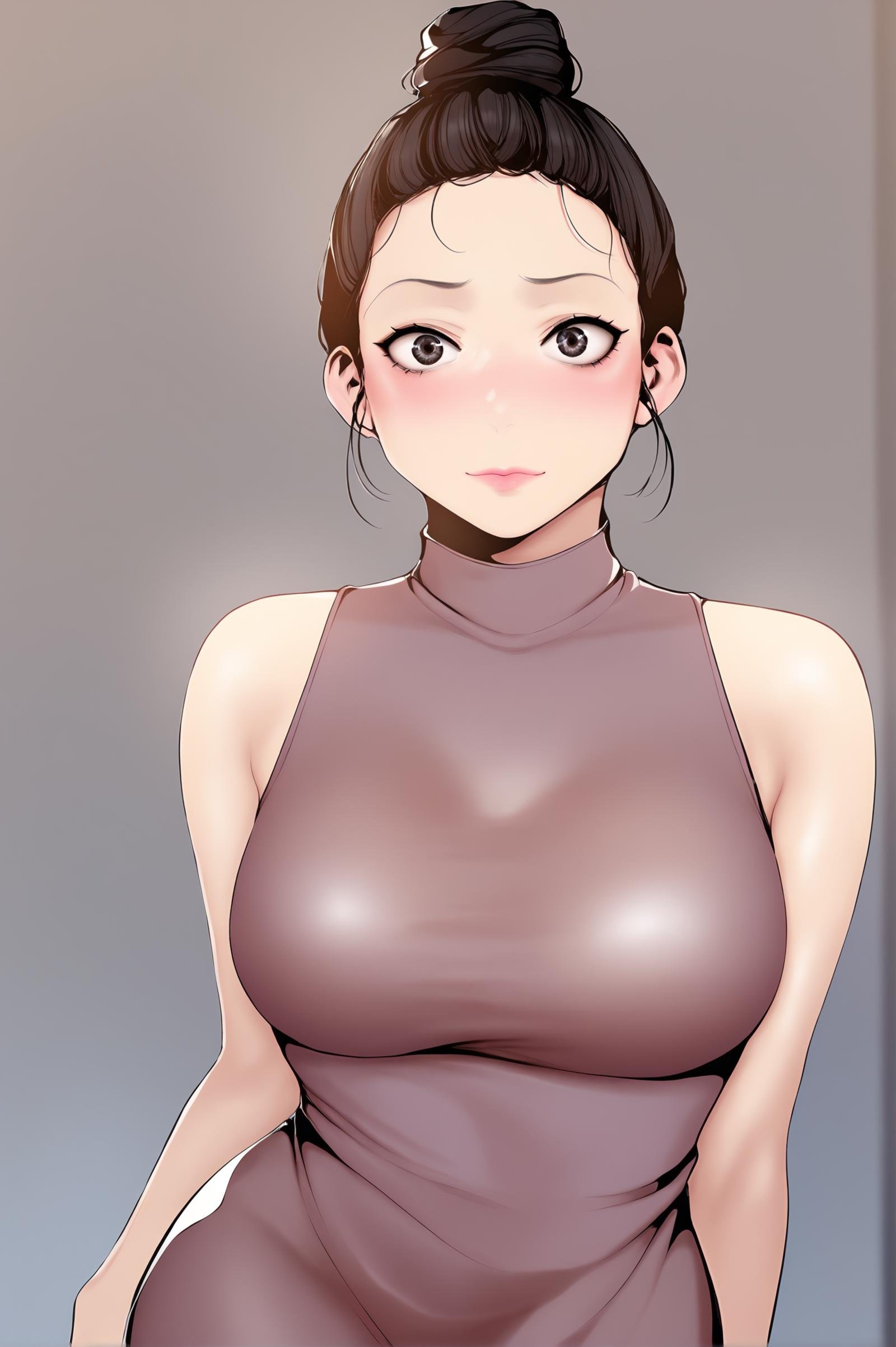 <lora:XL_Neighbor_BNW:1> neighbordef, black hair, black eyes, hair bun,simple background, grey background,looking at viewer, hair bun, single hair bun, standing, purple dress, long dress, taut dress, strap, sleeveless, large breasts, blush, lips, light smile, score_9,score_8_up,score_7_up, source_anime,  detailed face