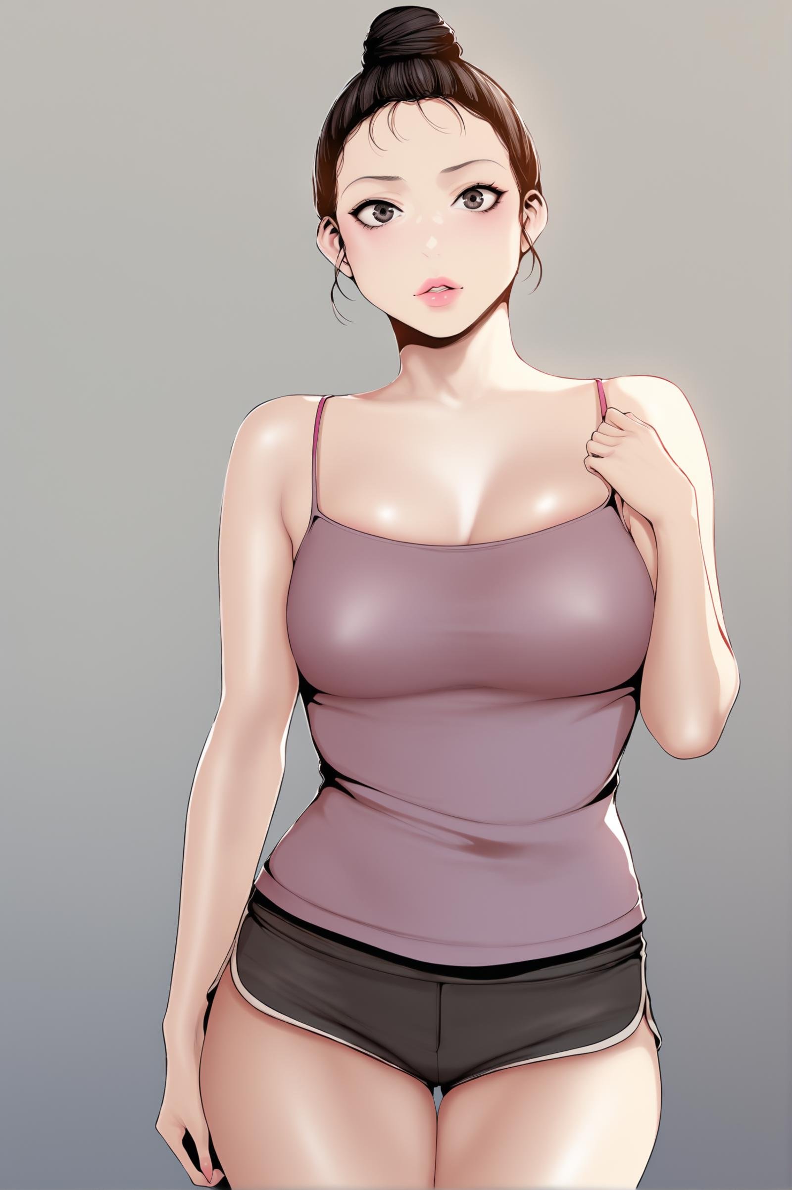 <lora:XL_Neighbor_BNW:1> neighbordef, black hair, black eyes, hair bun,simple background, grey background,looking at viewer, standing, hair bun, single hair bun, black shorts, dolphin shorts, thighs, purple camisole, spaghetti strap, lips, large breasts, parted lips, score_9,score_8_up,score_7_up, source_anime,  detailed face