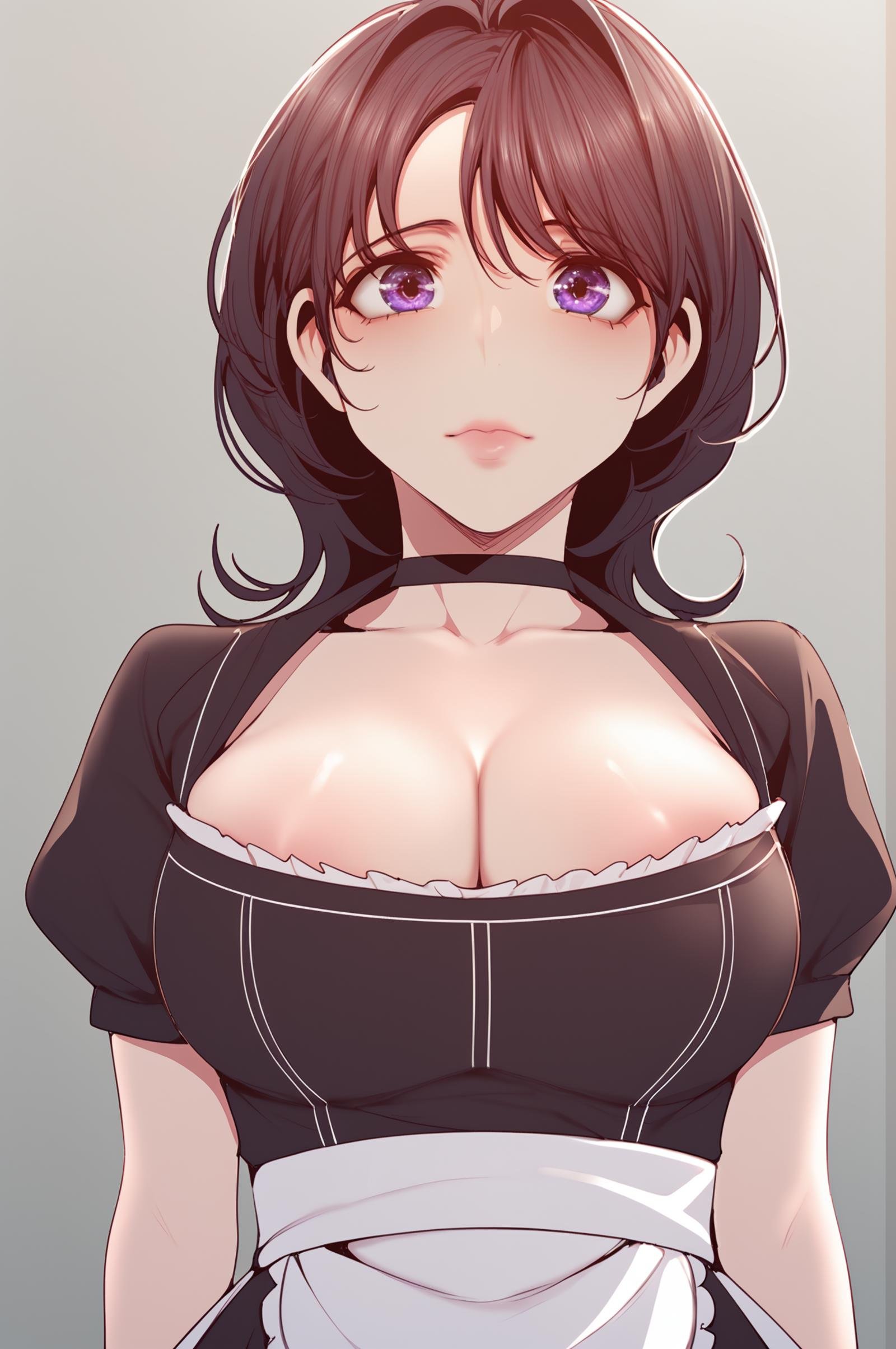 <lora:XL_MoYoon_BNW:1> moyoondef, black hair, purple eyes, medium hair,simple background, grey background,upper body, maid, black choker, collarbone, puffy short sleeves, looking at viewer, large breasts, short sleeves, choker, apron, puffy sleeves, cleavage, dress, breasts, bangs, solo, closed mouth, score_9,score_8_up,score_7_up, source_anime,  detailed face