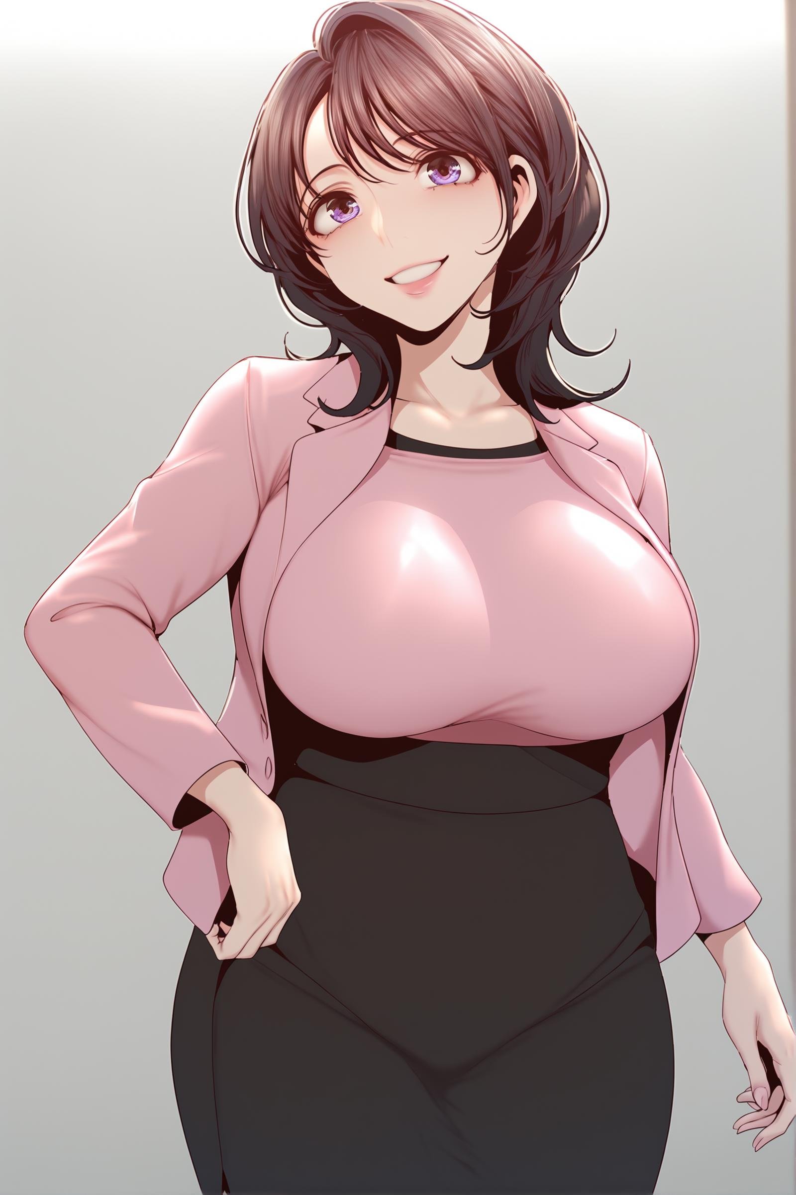 <lora:XL_MoYoon_BNW:1> moyoondef, black hair, purple eyes, medium hair,simple background, grey background,large breasts, pink shirt, pink jacket, open jacket, mature female, looking at viewer, black skirt, pencil skirt, standing, closed mouth, smile, pantyhose, score_9,score_8_up,score_7_up, source_anime,  detailed face