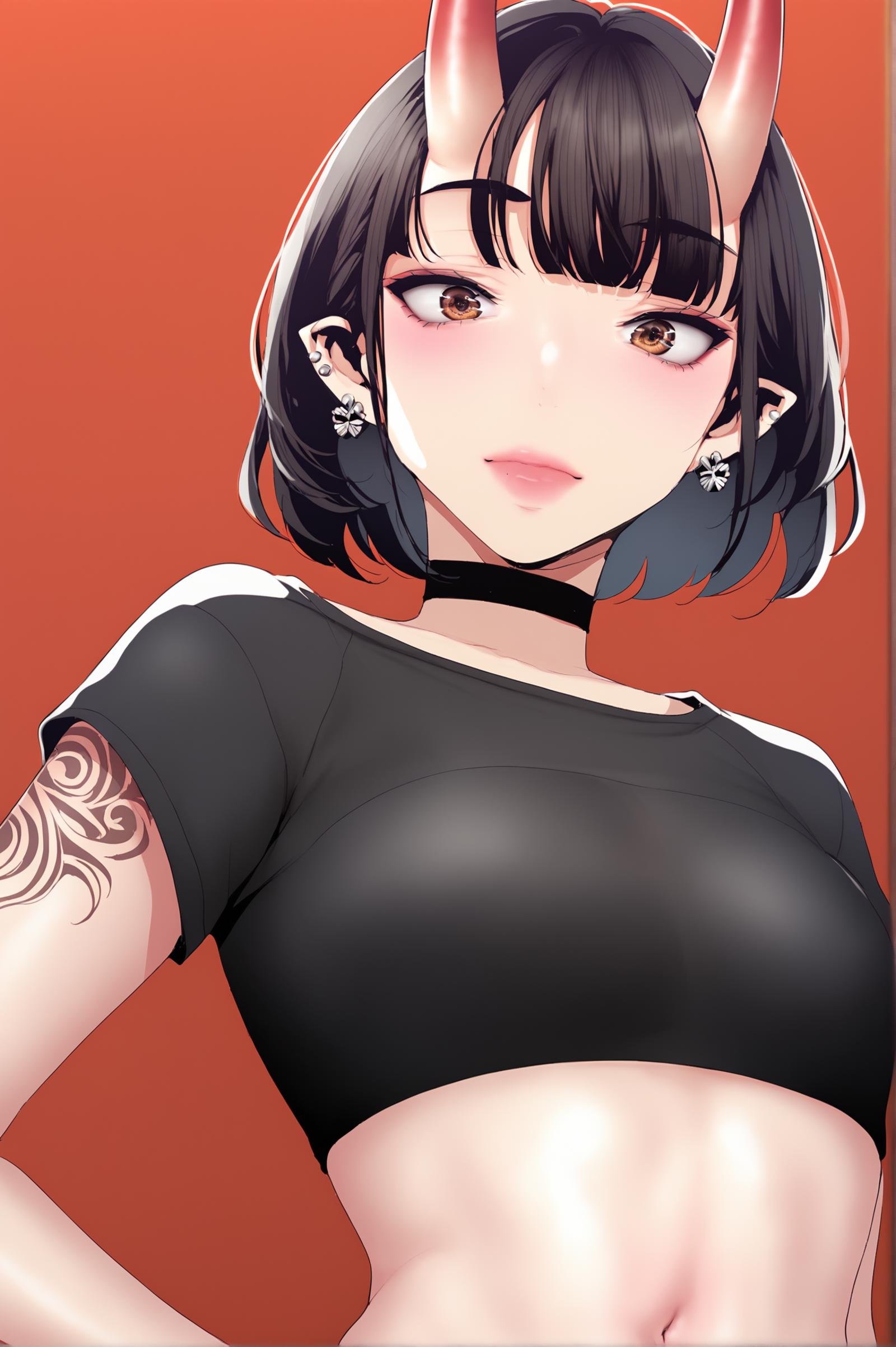 <lora:XL_STYLE_BNW_ART1:1> bnwart1def, 1girl, solo, red background, tattoo, piercing, ear piercing, black hair, jewelry, looking at viewer, shirt, bangs, black shirt, simple background, pointy ears, medium hair, red horns, brown eyes, oni horns, blunt bangs, short sleeves, black choker, crop top, navel,, score_9,score_8_up,score_7_up, detailed face, source_anime