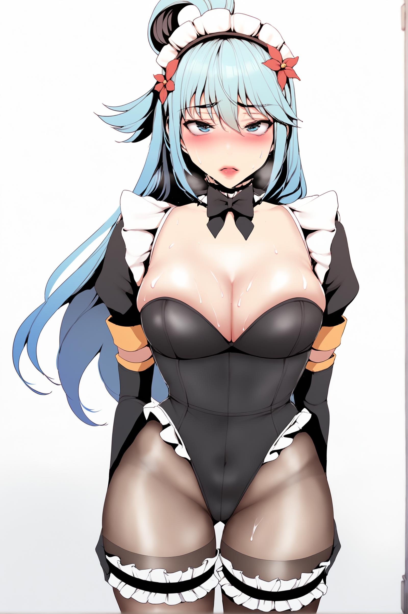 <lora:XL_STYLE_BNW_ART1:1> bnwart1def, aqua \(konosuba\), simple background, white background, 1girl, breasts, gloves, black gloves, maid headdress, solo focus, pantyhose, short sleeves, cleavage, puffy short sleeves, fishnets, puffy sleeves, bridal garter, fishnet gloves, leotard, frills, maid, elbow gloves, hair flower, blush, black leotard, thighband pantyhose, highleg, sweat, hairband, alternate costume, highleg leotard, hair ornament, score_9,score_8_up,score_7_up, detailed face, source_anime