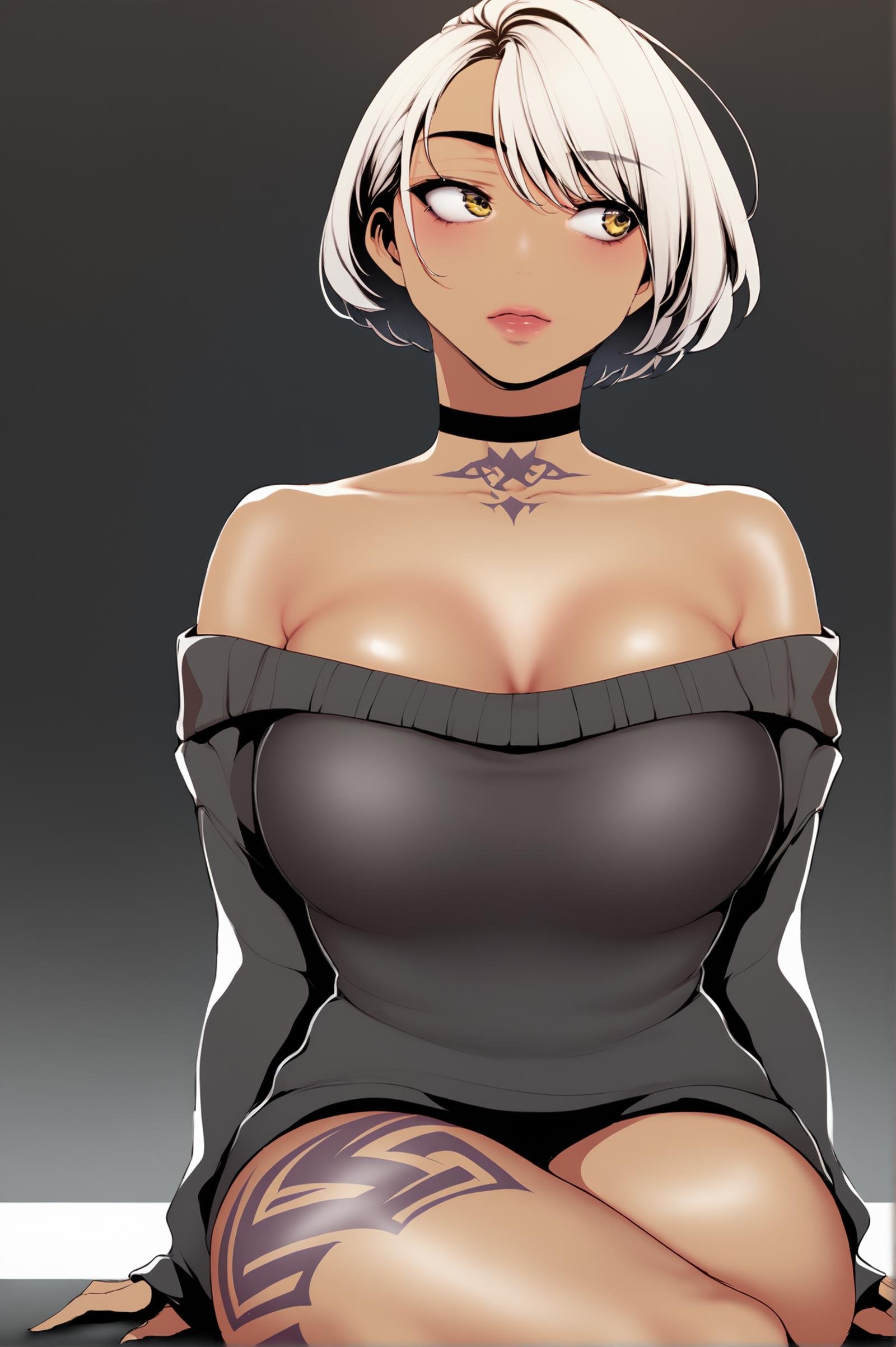 <lora:XL_STYLE_BNW_ART1:1> bnwart1def, 1girl, solo, short hair, black background, breasts, sweater, choker, neck tattoo, black choker, off shoulder, collarbone, dark-skinned female, dark skin, white hair, sleeves past wrists, tattoo, grey hair, black sweater, looking to the side, large breasts, off-shoulder sweater, bangs, no pants, simple background, bottomless, leg tattoo, yellow eyes, sitting, thighs, crossed legs, score_9,score_8_up,score_7_up, detailed face, source_anime